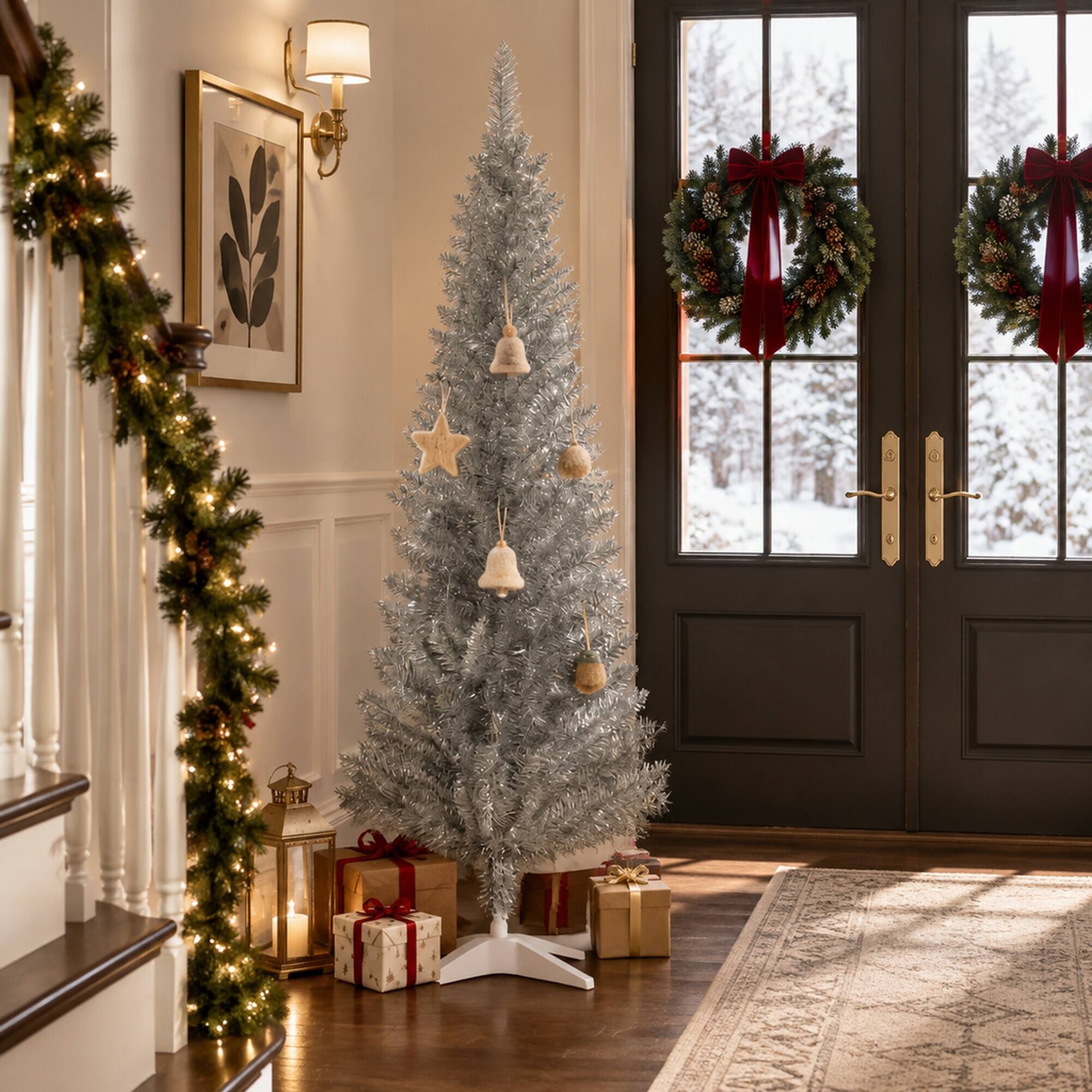 Alt View 2. RYHNUYNE - 5FT Pencil Artificial Christmas Tree With Realistic Tips and Sturdy Stand - Silver.