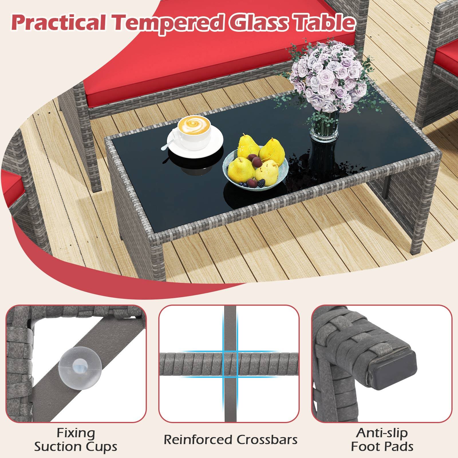 Practical Tempered Glass Table

- Fixing Suction Cups
- Reinforced Crossbars
- Anti-slip Foot Pads
