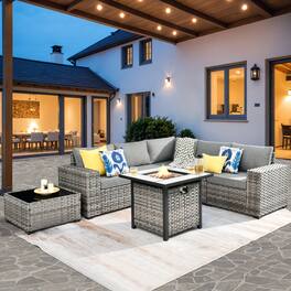 Ovios - 7 PCS Patio Furniture Set Sectional Sofa with Coffee Table & 30" Fire Pit Table - Dark Gray