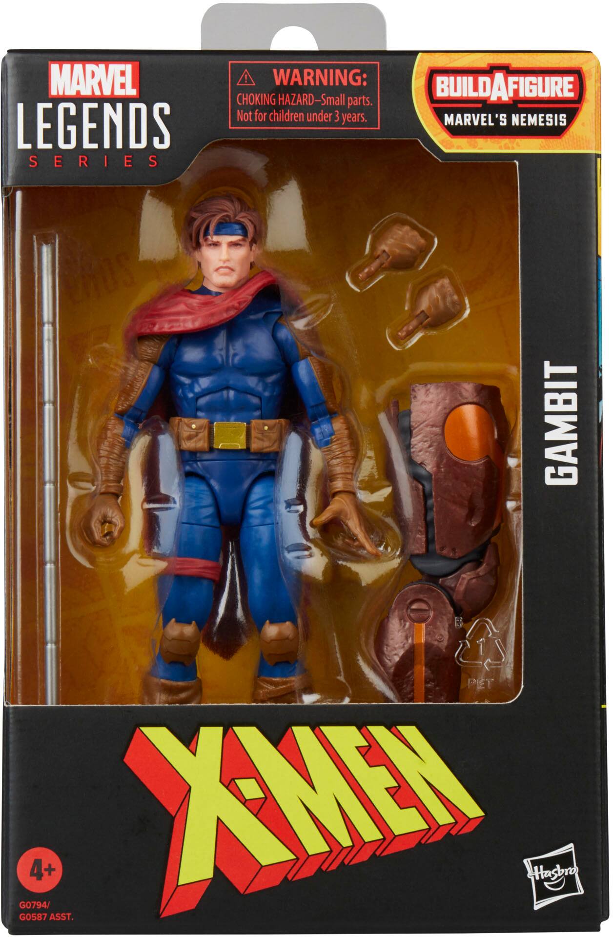 The image features a Marvel Legends Series action figure of X-Men's Gambit. The figure is posed with a gun and a staff, and it is displayed in a black and yellow box. The box warns that the small Build-a-Figure parts are a choking hazard and are not suitable for children under three years old. The figure is part of the Marvel's Nemesis Eros Gambit 1 Pet Go794/Go587 4+ Assortment, and it is manufactured by Hasbro.