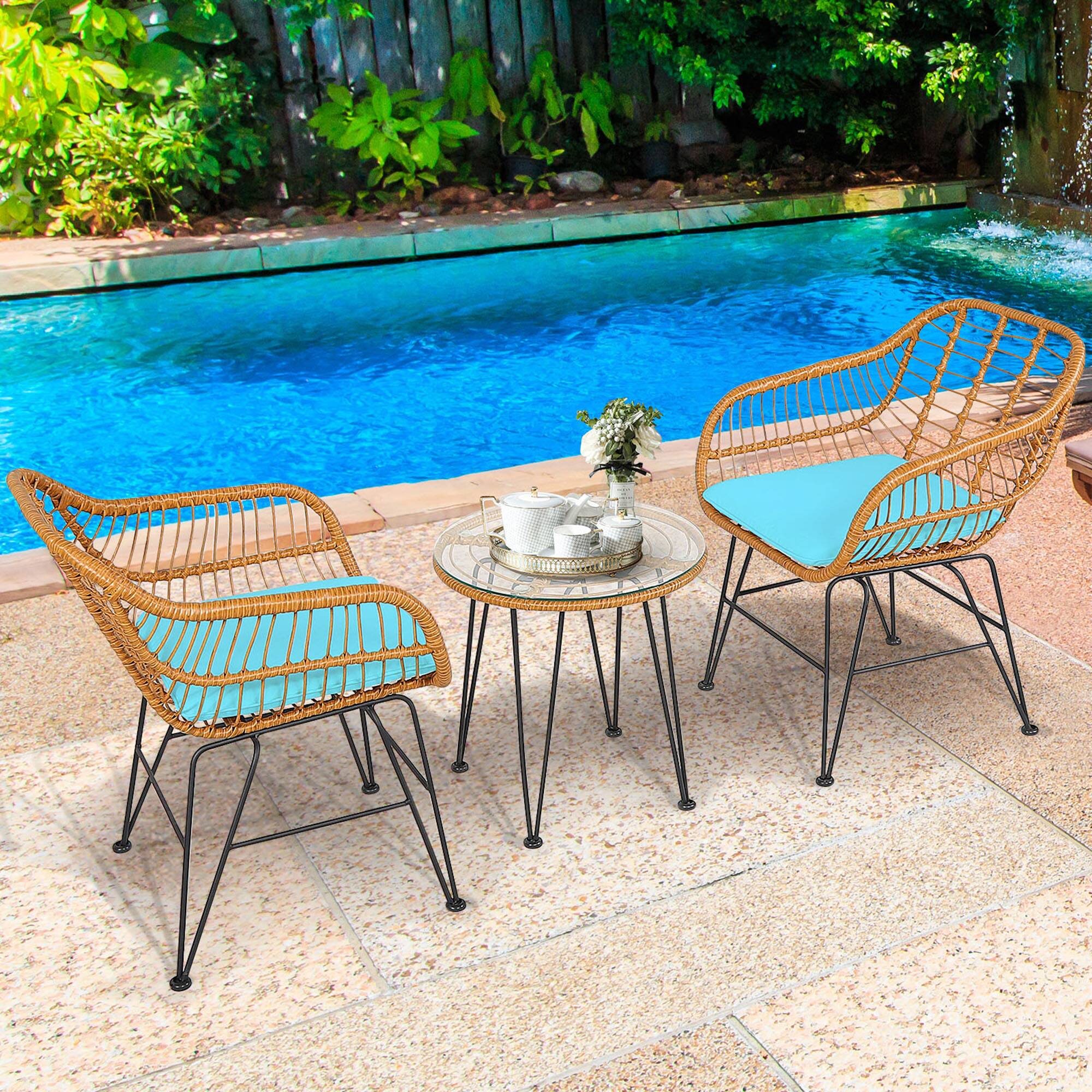 Alt View 3. Gymax - Gymax 3PCS Rattan Patio Bistro Set Conversation Furniture Set w/ Turquoise Cushions - Turquoise.