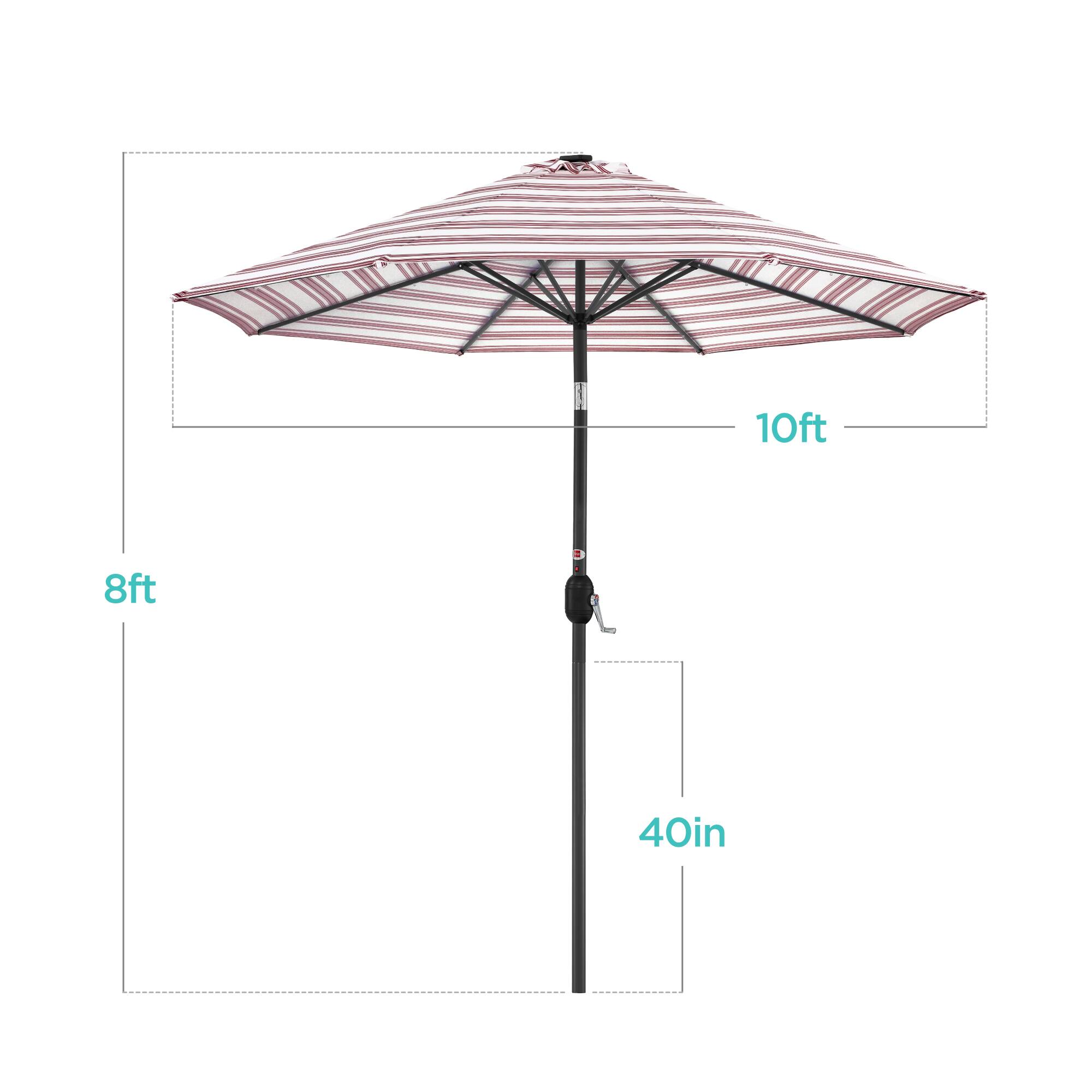 The dimensions of the umbrella are:

- Diameter: 10 feet
- Height: 8 feet
- Shaft width: 40 inches