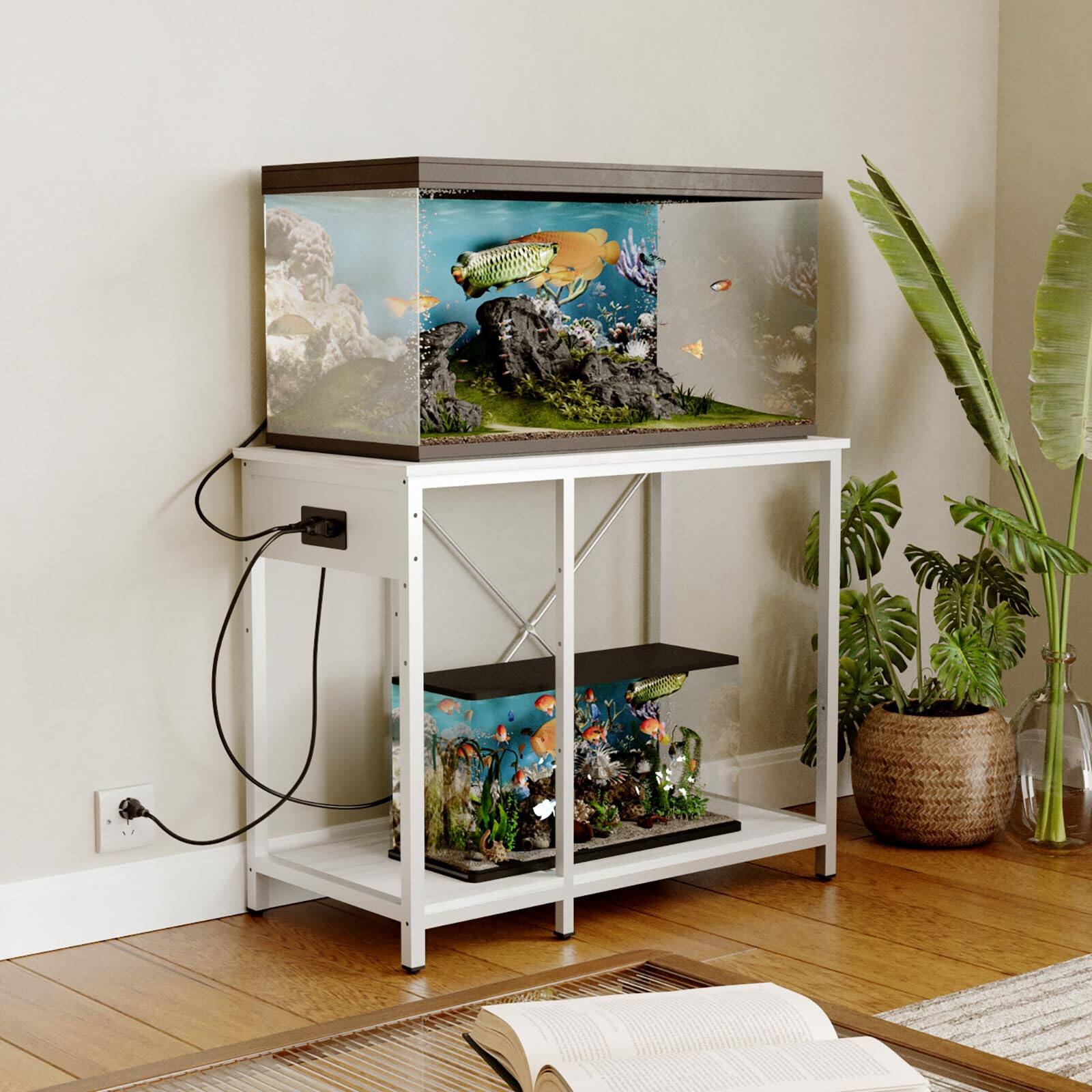 Alt View 2. HIMMLINE - 20-29 Gallon Fish Tank Stand with Power Outlet & LED Light, Aquarium Stand with 3 Tier Adjustable Storage Shelves - White.