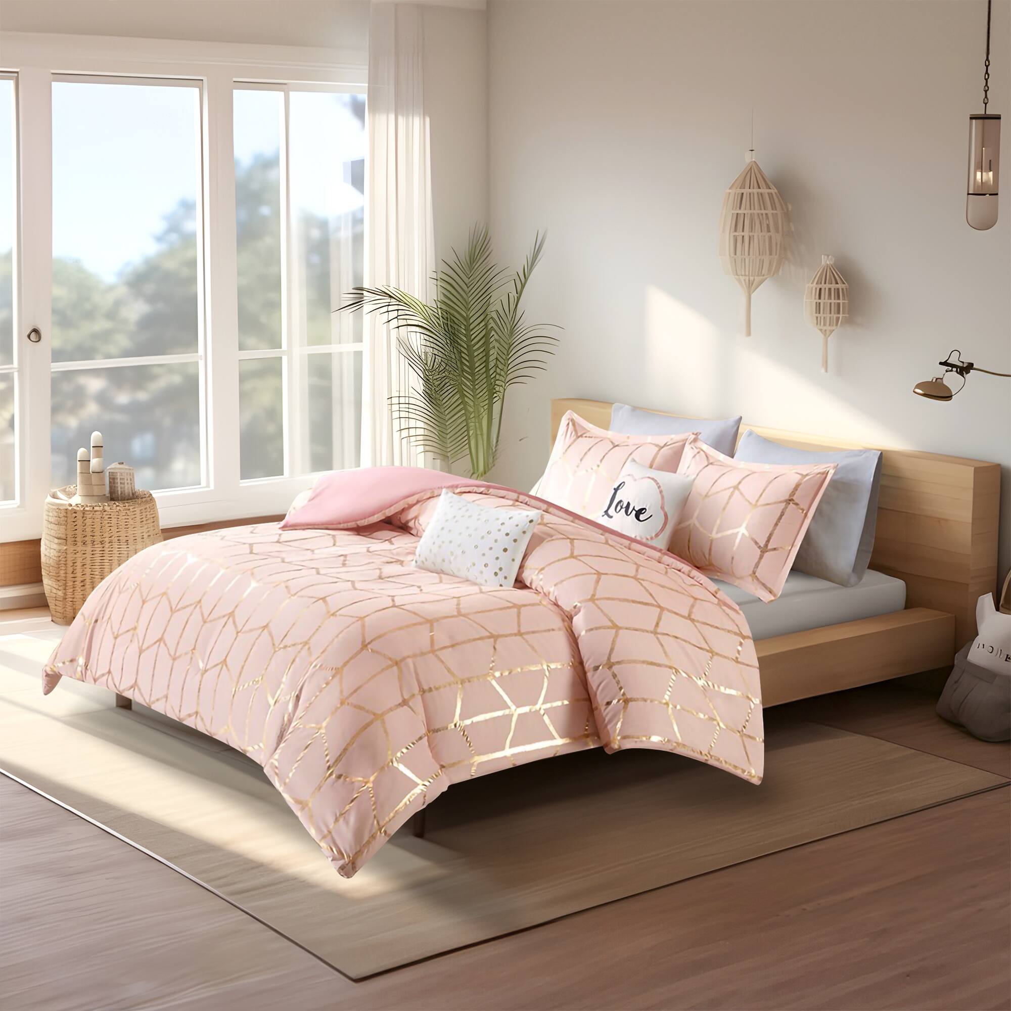 Alt View 4. Gracie Mills - Gracie Mills Isabelle 5-Piece Metallic Geometric Comforter Set - Blush/Gold.