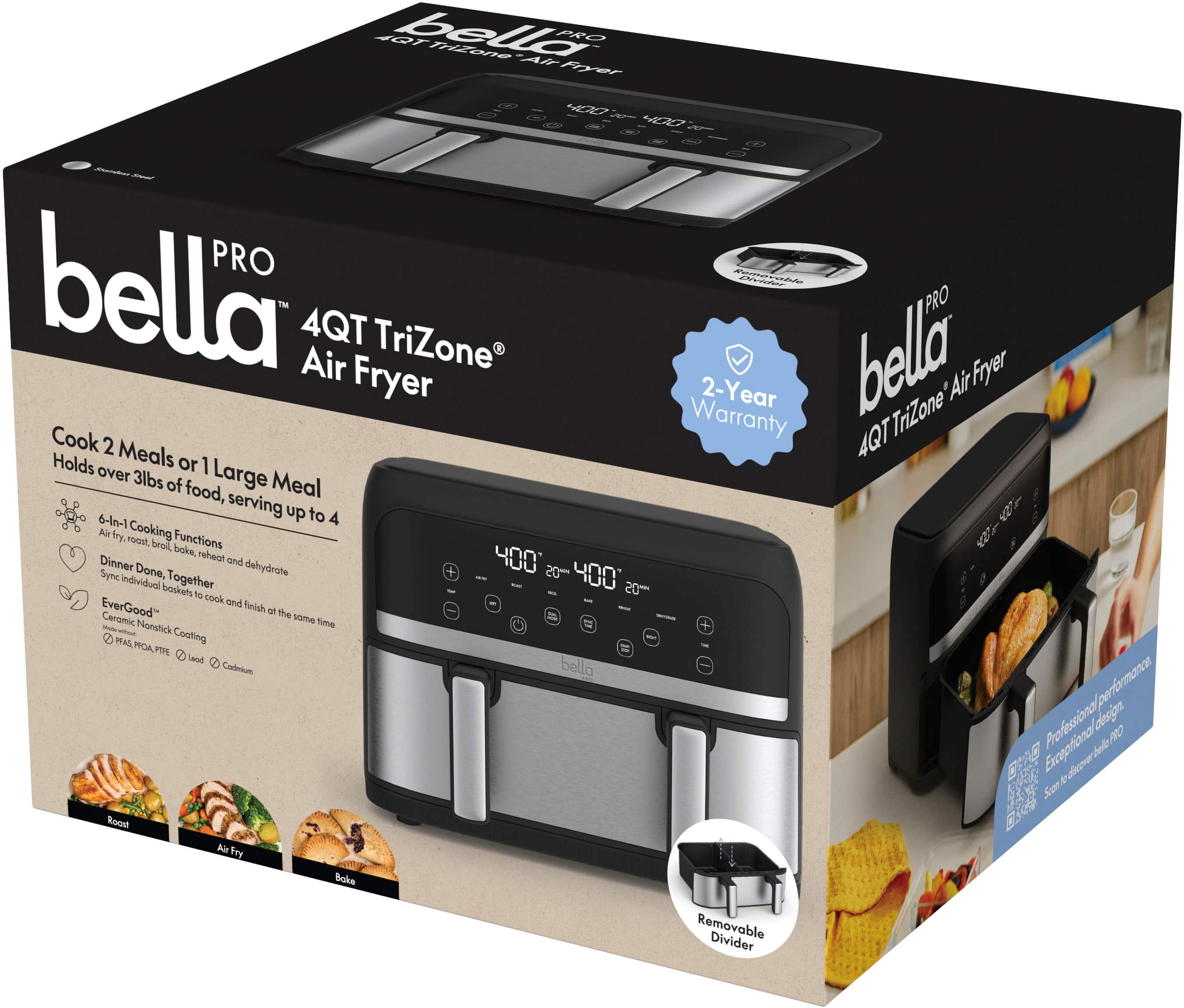 bella 4QT Air TriZone bella PRO Fryer Fryer 2-Year Warranty 4QT 2 Meals Holds over 1 Large 3lbs of Meal food, serving 6-4n1 up to 4 0r Air try. roGIt Cooking Functions 42 brol boke, reheat and 400 Dinner Done, dehydrate + 20 Sync individual booklets Together 400 05 10 cook EverGood and finish - the Ceromic Nonstick ane time Bu - MA Cooting - MOA PM Lesd Codeium bella pefomana Professional Lolrrign PRO Exceptional asent nd 1 5 Roos ES Aie bry Boke Removable Divider