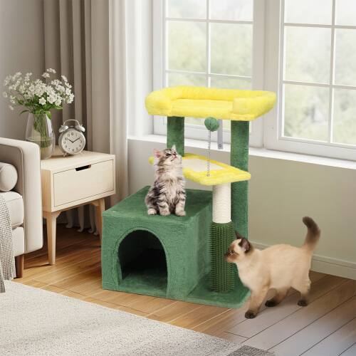 Alt View 5. Winado - 27inch Small Cat Tower with Scratching Post, Ball, Cat Condo, Padded Top Bed for Indoor Kittens Cats Indoor Activity - Yellow & Green.