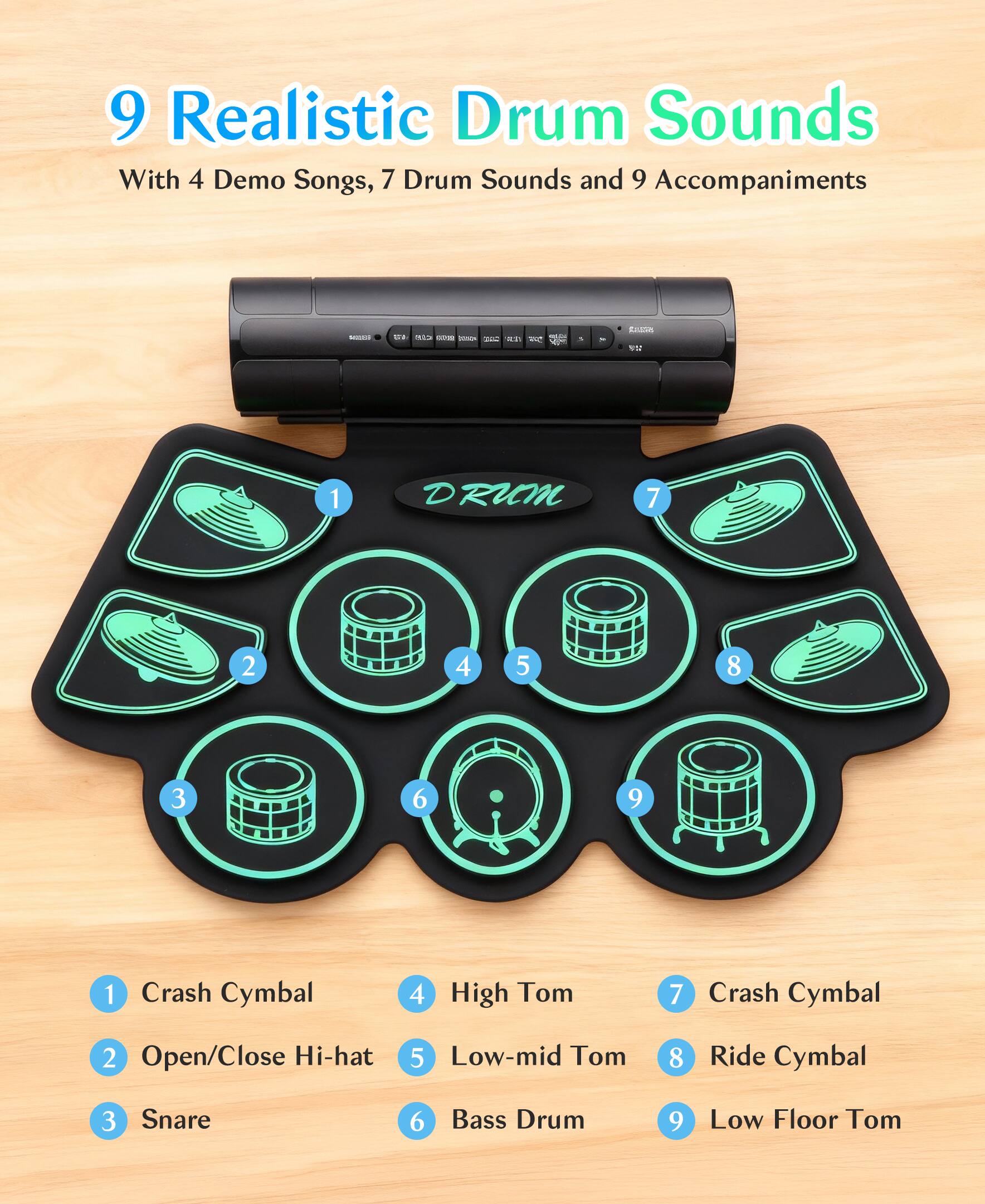 Alt View 1. Sugift - Kids Roll-Up Electronic Drum Set with Speakers, Headphone Jack & Foot Pedals - Green - Green.