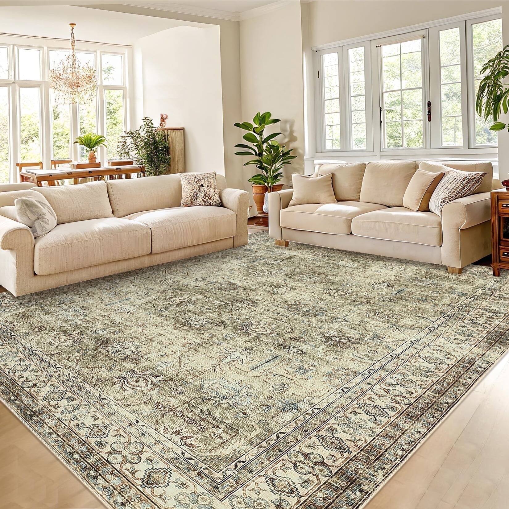 Front. Homhougo - 9x12 Vintage Rug, Washable, Non-Slip, Brown - Brown.