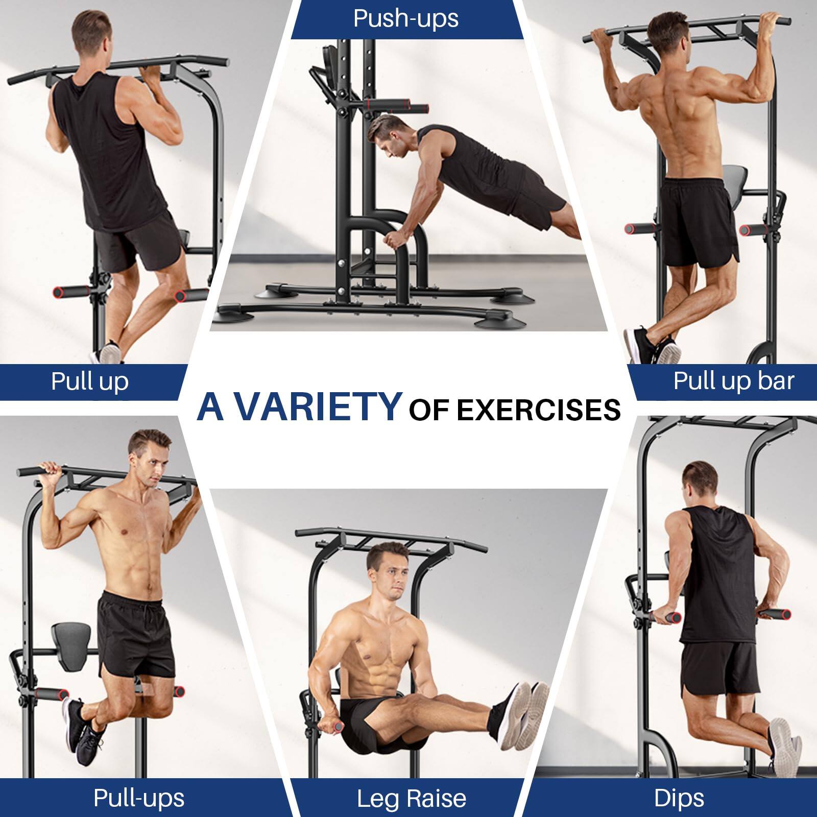 - Push-ups
- Pull-up
- Pull-up bar
- Pull-ups
- Leg Raise
- Dips