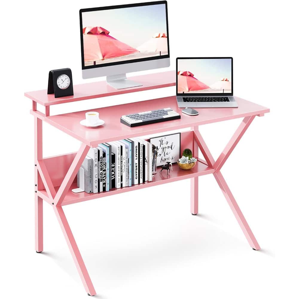 ZUQIETA - Kids Study Desk 27.5" - with Storage & Monitor Stand for Small Spaces - Pink