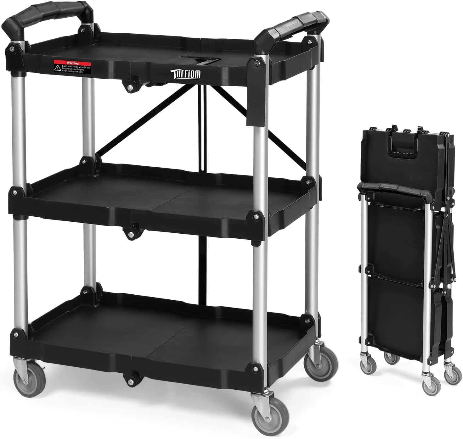 Winado - Portable 3-Tier Folding Utility Cart Rolling Service Cart with 3 Shelves & Storage Space , No Assembly Required for Home - Black