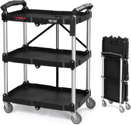 Winado - Portable 3-Tier Folding Utility Cart Rolling Service Cart with 3 Shelves & Storage Space , No Assembly Required for Home - Black