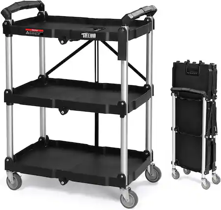 Front. Winado - Portable 3-Tier Folding Utility Cart Rolling Service Cart with 3 Shelves & Storage Space , No Assembly Required for Home - Black.