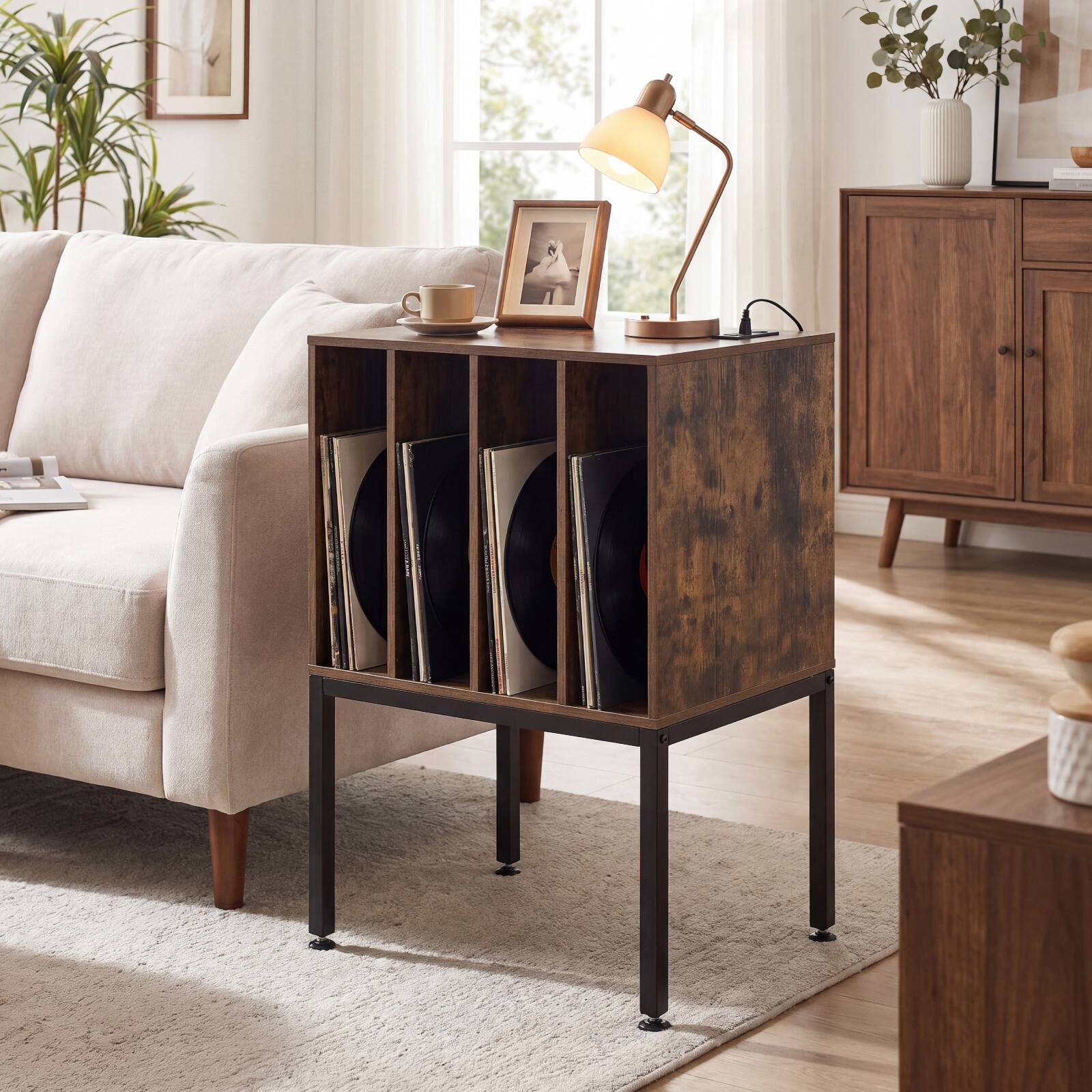 Alt View 4. Costway - Costway Record Player Stand with Power Outlets,Turntable Station with Divider Holds150 Records - Rustic Brown.
