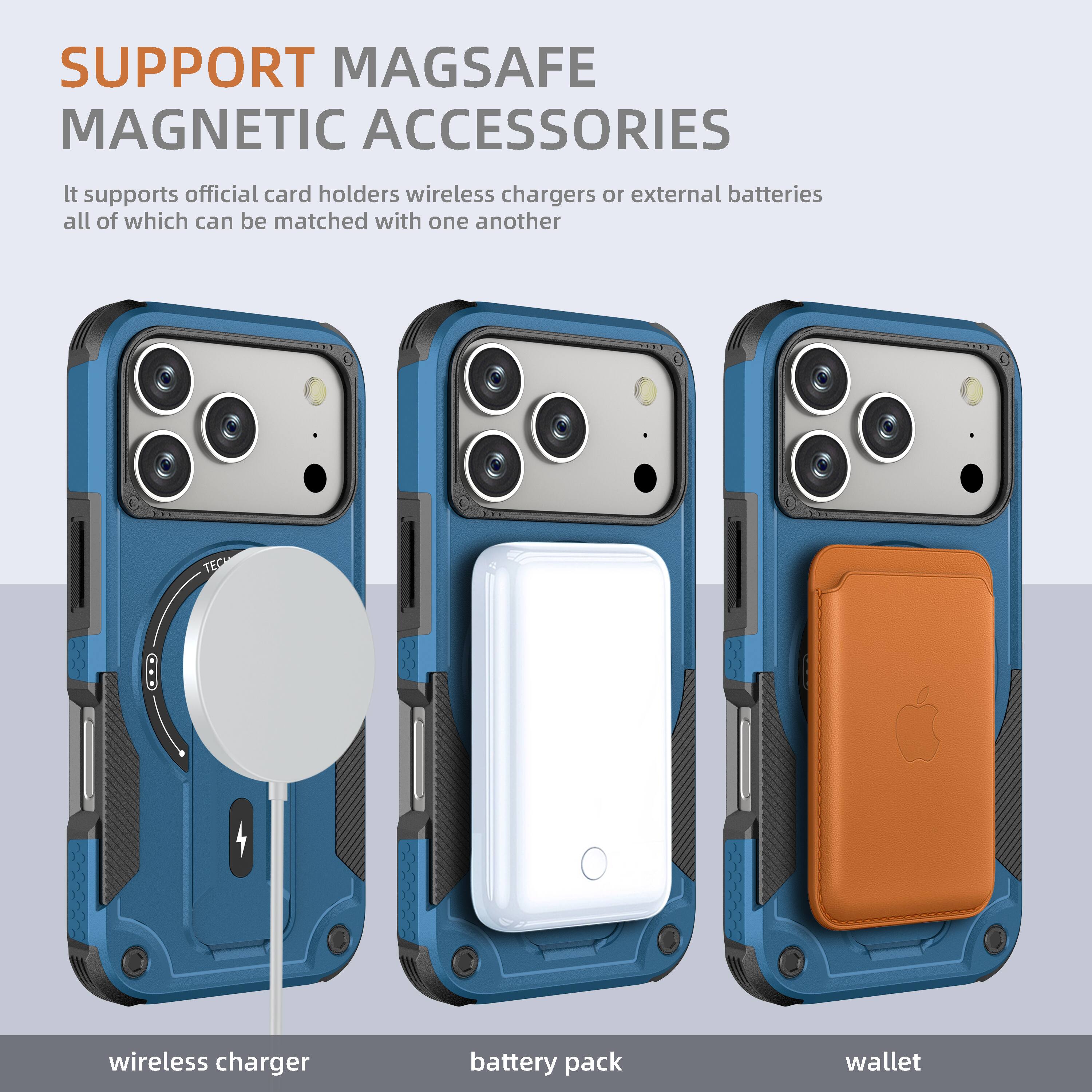 SUPPORT MAGSAFE MAGNETIC ACCESSORIES

It supports official card holders, wireless chargers, or external batteries, all of which can be matched with one another.

wireless charger  
battery pack  
wallet