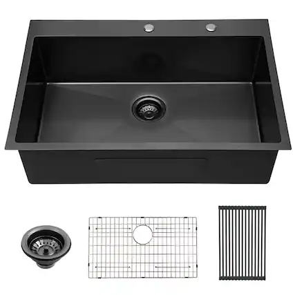 Front. Lordear - 33"x22"x10" Topmount Gunmetal Black Sinks 16 Gauge Single Bowl Stainless Steel Kitchen Sink - Stainless steel.