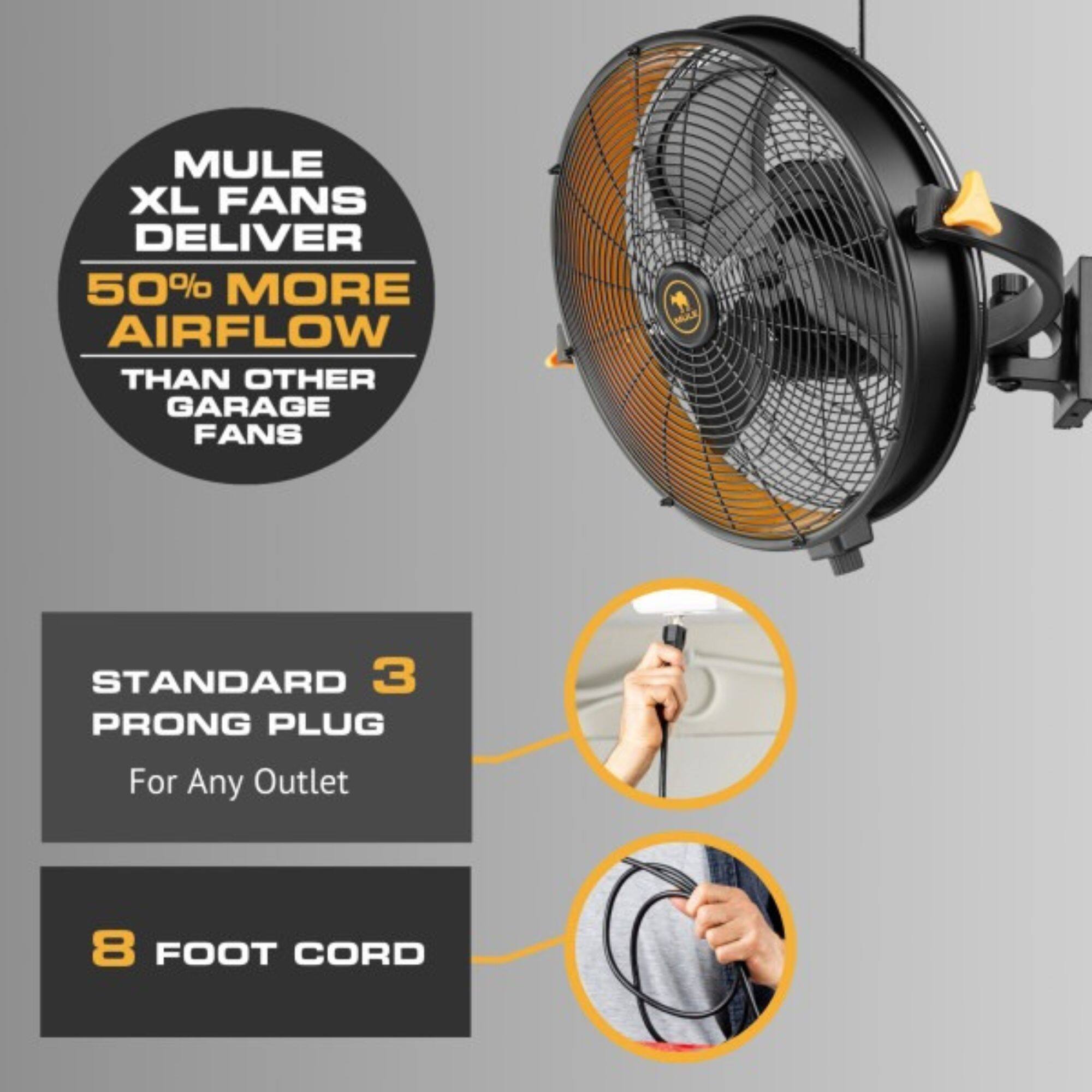 MULE XL FANS DELIVER 50% MORE AIRFLOW THAN OTHER GARAGE FANS

STANDARD 3 PRONG PLUG
For Any Outlet

8 FOOT CORD