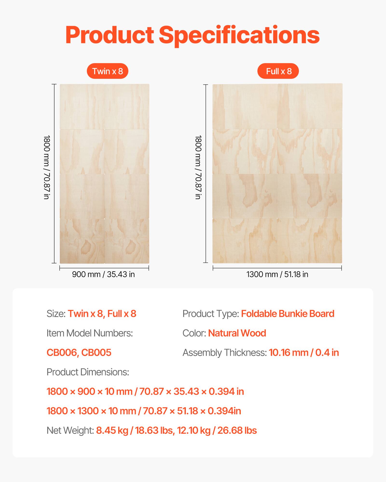 Product Specifications
Twin X 8 Full x 8
1800 mm 70.87 in
900 mm / 35.43 in
1300 mm / 51.18 in
Size: Twin X 8, Full x 8
Product Type: Foldable Bunkie Board
Item Model Numbers:
Color: Natural Wood
CB006, CB005
Assembly Thickness: 10.16 mm 0.4 in
Product Dimensions: 1800 x 900 x 10 mm / 70.87 x 35.43 x 0.394 in
1800 x 1300 x 10 mm 70.87 x 51.18 x 0.394in
Net Weight: 8.45 kg I 18.63 lbs, 12.10 kg I 26.68 lbs