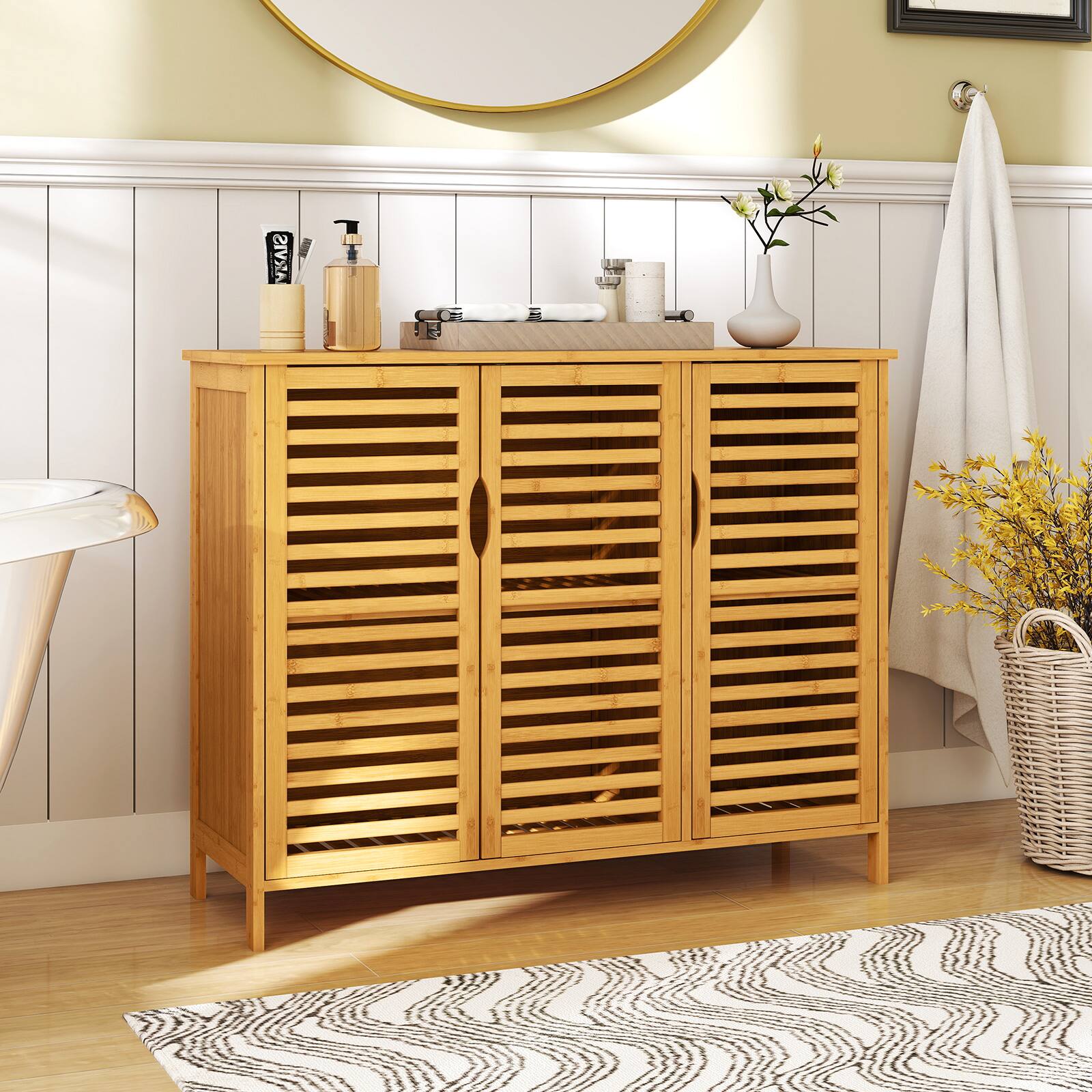 Alt View 1. Gymax - Gymax Bamboo Bathroom Cabinet 3-Door Storage Organizer w/ Shelves Natural - Natural.