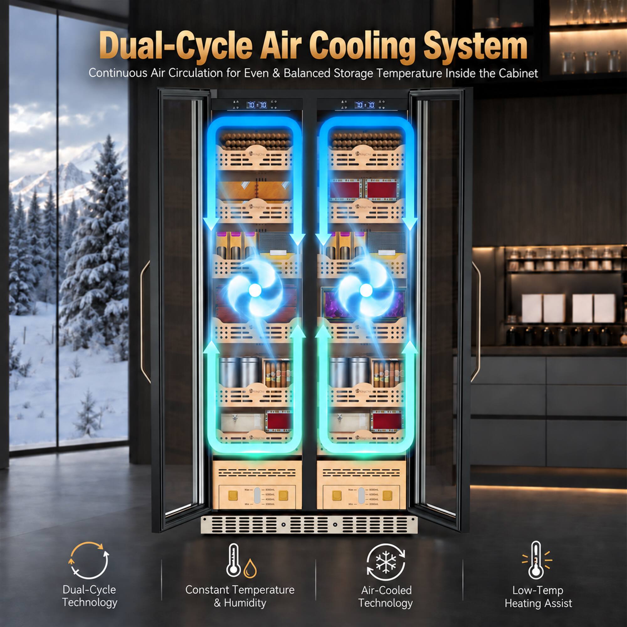 Dual-Cycle Air Cooling System  
Continuous Air Circulation for Even & Balanced Storage Temperature Inside the Cabinet

- Dual-Cycle Technology
- Constant Temperature & Humidity
- Air-Cooled Technology
- Low-Temp Heating Assist