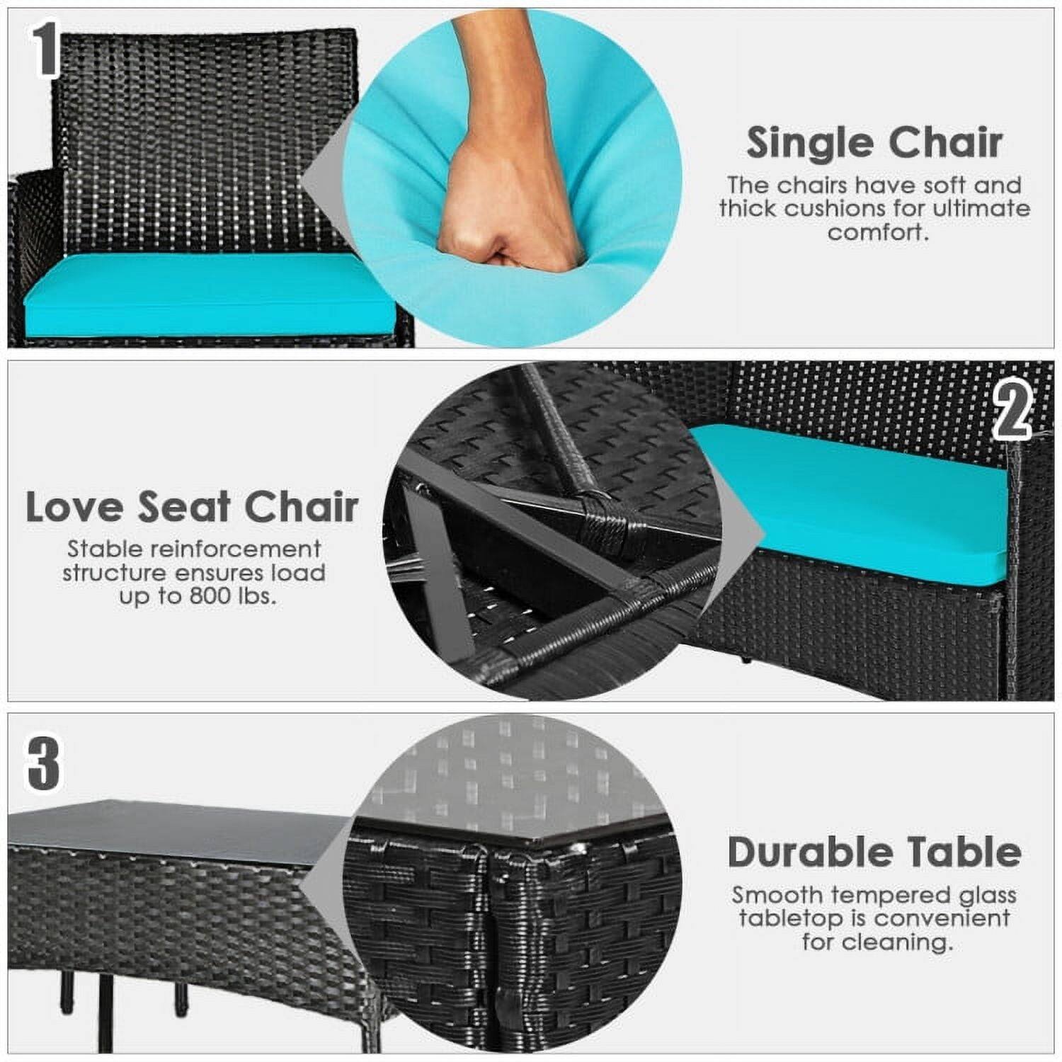 1. Single Chair
   - The chairs have soft and thick cushions for ultimate comfort.

2. Love Seat Chair
   - Stable reinforcement structure ensures load up to 800 lbs.

3. Durable Table
   - Smooth tempered glass tabletop is convenient for cleaning.