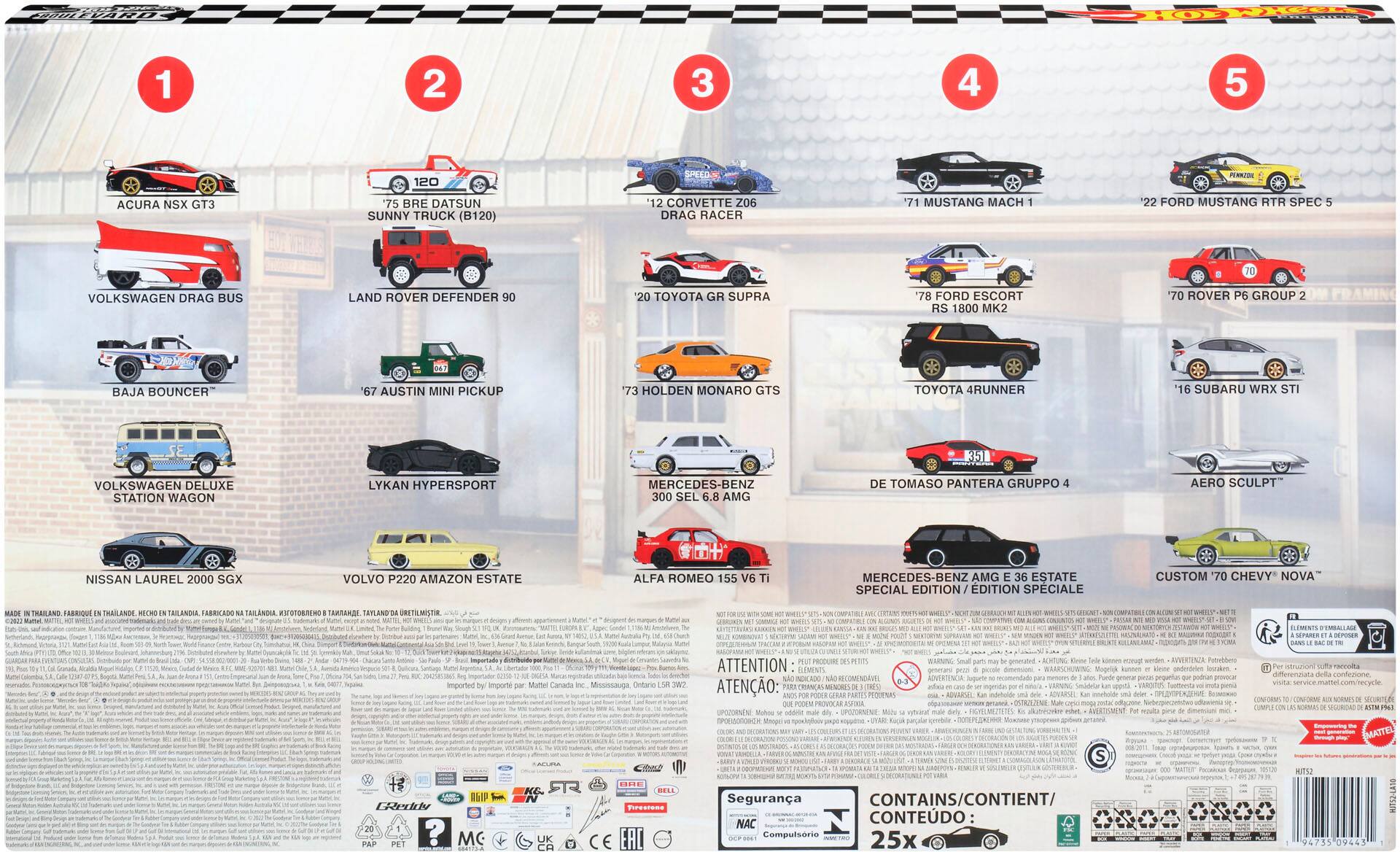 The image features a toy car display with various cars on a table. The cars are arranged in a line, and there are five cars in total. The display showcases a diverse collection of cars, including a truck. The cars are likely part of a toy car collection or a promotional display for a toy car brand.