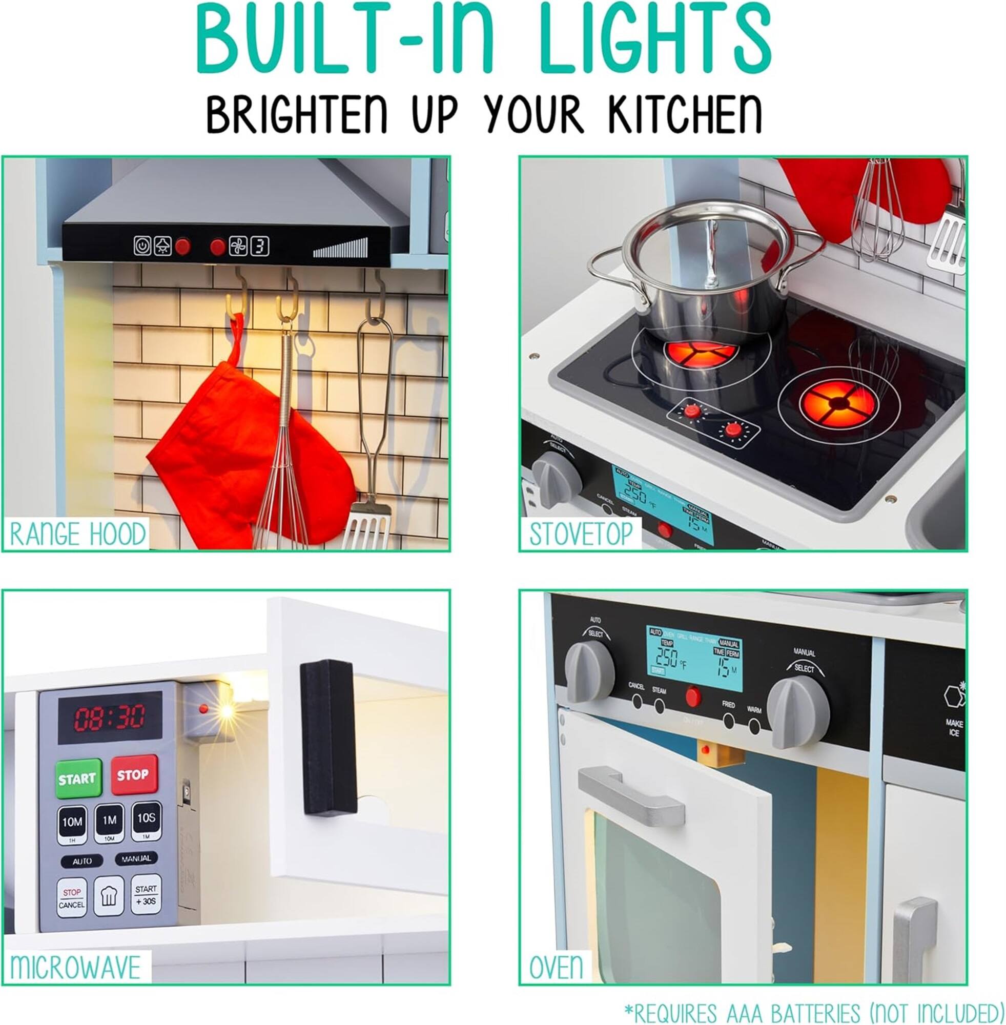BUILT-IN LIGHTS BRIGHTEN UP YOUR KITCHEN

RANGE HOOD
STOVETOP
MICROWAVE
OVEN
*REQUIRES AAA BATTERIES (NOT INCLUDED)