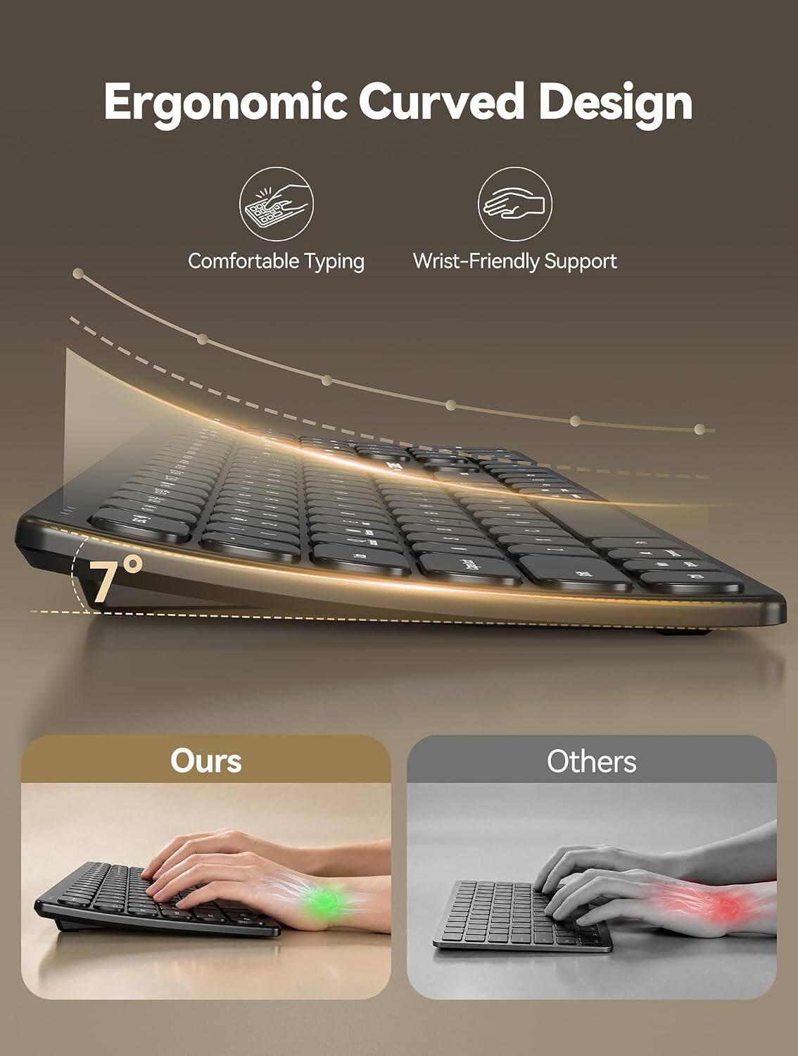 Ergonomic Curved Design

Comfortable Typing
Wrist-Friendly Support

7°

Ours
Others