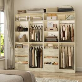 Aheaplus - 72"2-Piece Walk-in Closet Organizer System with 6 Drawers, Hanging Rods & Adjustable Shelves for Bedroom - White Oak