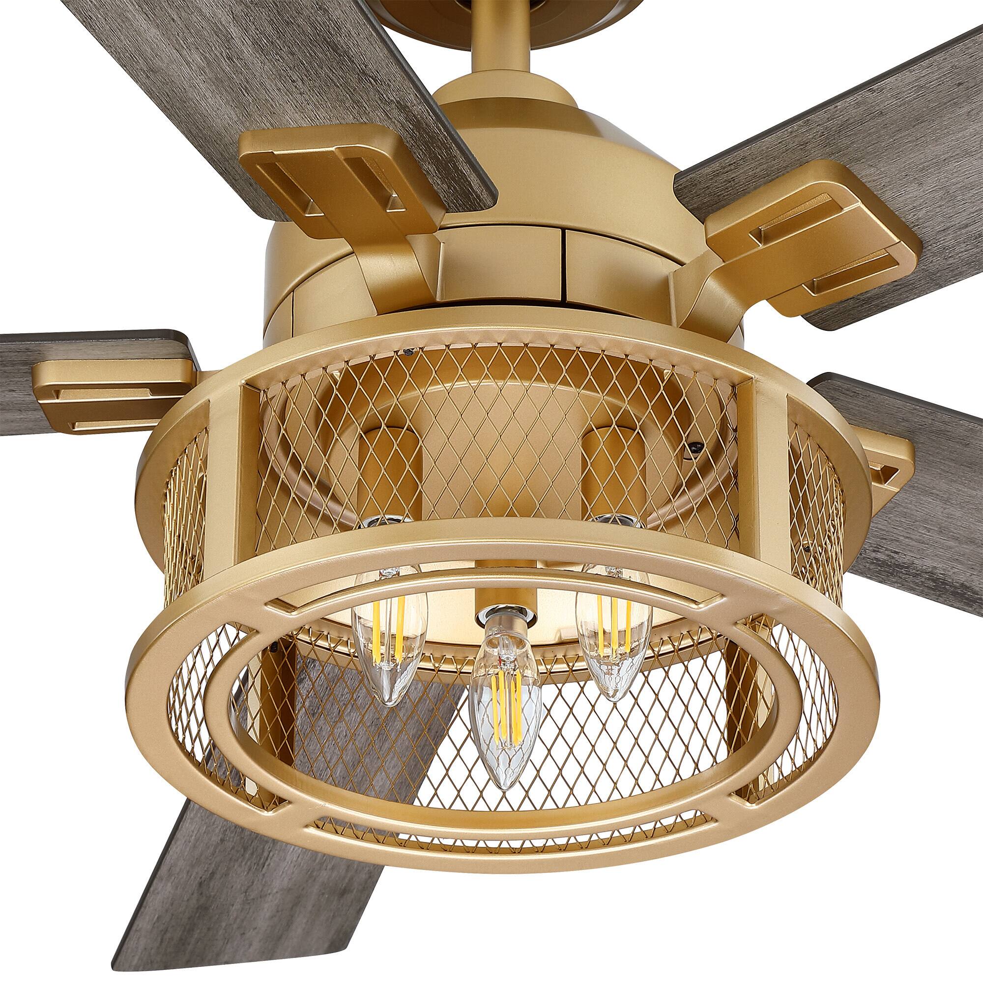 Alt View 6. Parrot Uncle - 52 in. Modern Mesh Metal Reversible Blades Gold Ceiling Fan with Light and Remote - Gold.