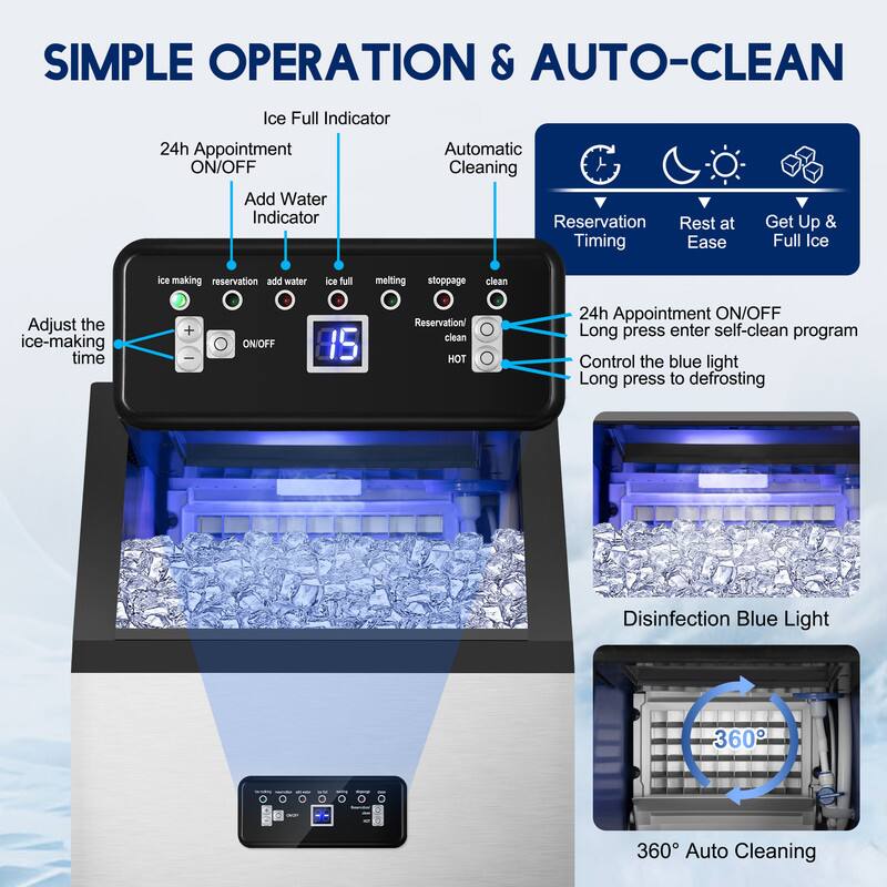 **SIMPLE OPERATION & AUTO-CLEAN**

- **24h Appointment ON/OFF**
- **Ice Full Indicator**
- **Add Water Indicator**
- **Automatic Cleaning**
- **Adjust the ice-making time**
- **Reservation Timing**
- **Rest at Ease**
- **Get Up & Full Ice**

**Control Panel:**
- **Ice making**
- **Reservation**
- **Add water**
- **Ice full**
- **Melting**
- **Stoppage**
- **Clean**
- **Reservation/clean**
- **HOT**

**Features:**
- **24h Appointment ON/OFF**
- **Long press enter self-clean program**
- **Control the blue light**
- **Long press to defrosting**

**Additional Features:**
- **Disinfection Blue Light**
- **360° Auto Cleaning**