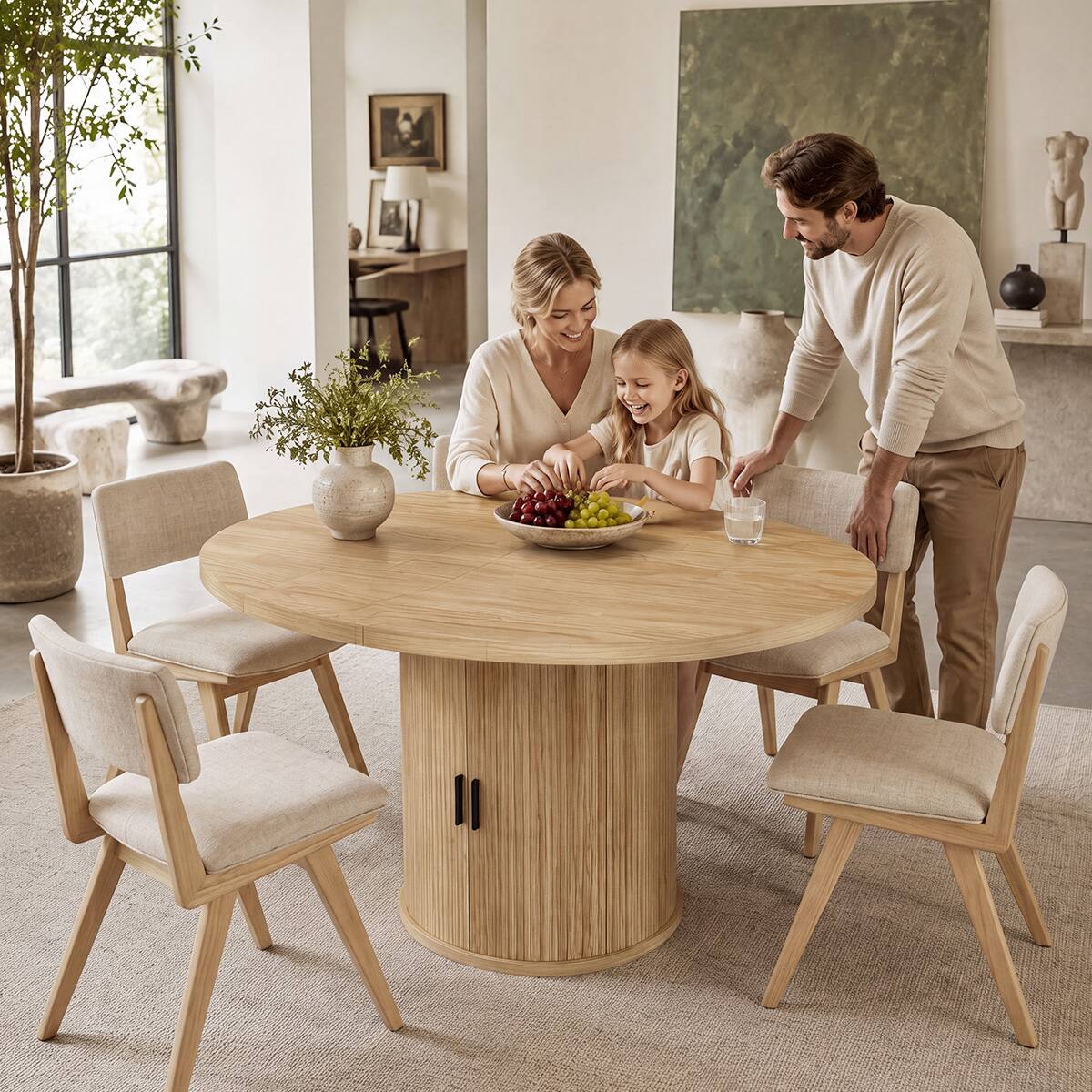 Left. Dyonery - Extendable Dining Table 43-59" for 4-6 People, Round Kitchen Table with Fluted Slide Door & 8-Compartment Storage - Nature.