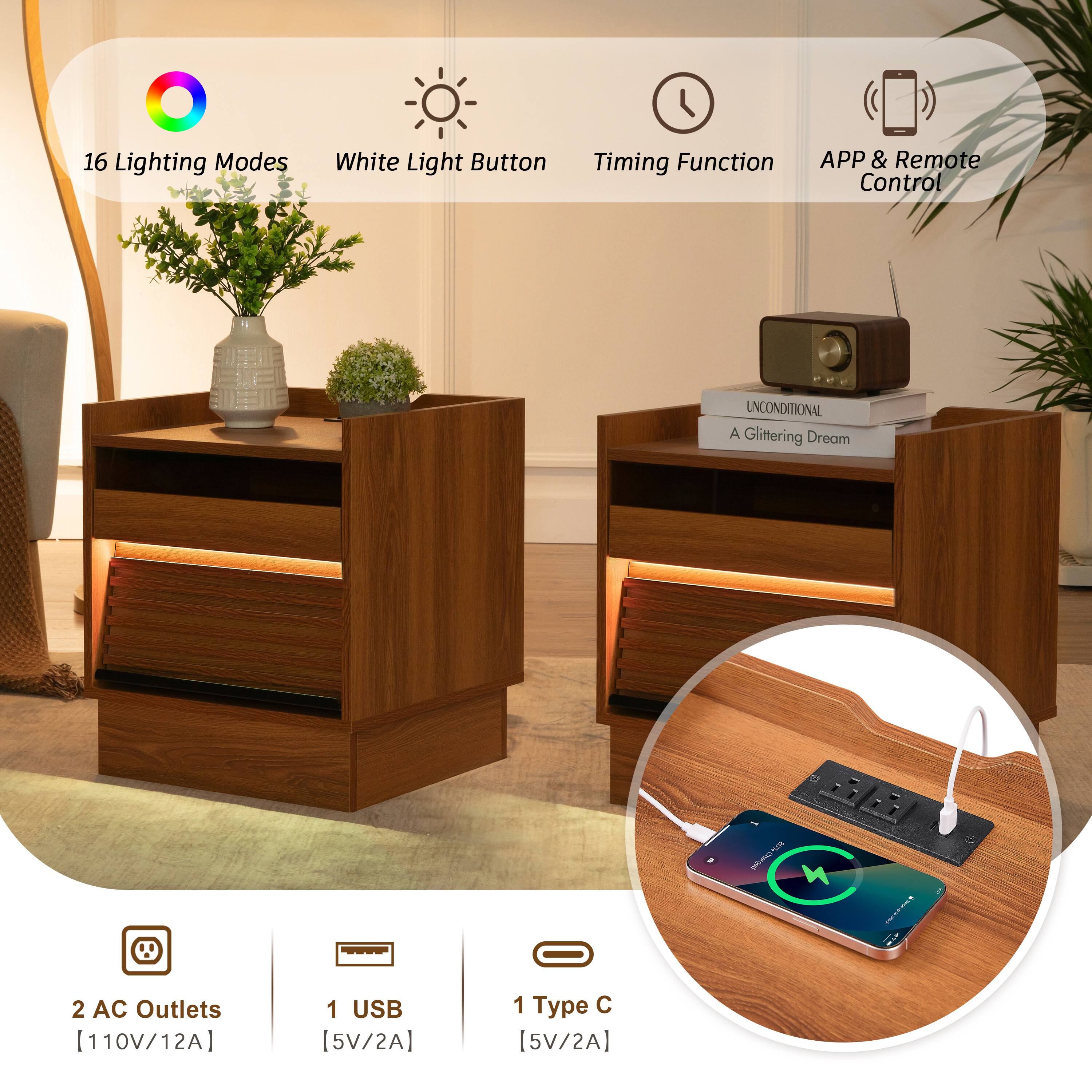 16 Lighting Modes  
White Light Button  
Timing Function  
APP & Remote Control  

2 AC Outlets [110V/12A]  
1 USB [5V/2A]  
1 Type C [5V/2A]