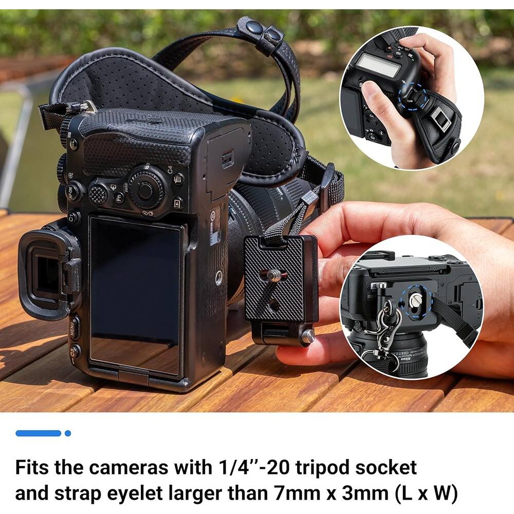 Fits the cameras with 1/4"-20 tripod socket and strap eyelet larger than 7mm x 3mm (L x W)