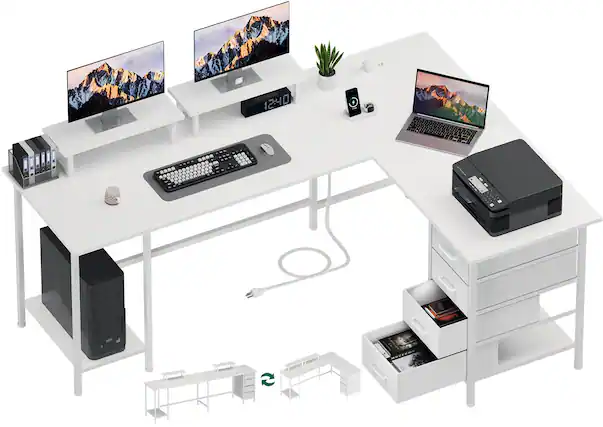 Front. Fabibe - 66" L Shaped Computer Desk With Power Outlets Home Office 4 Adjustable Storage Drawers & 2 Monitor Stands Large Office D - White 66 Inch.