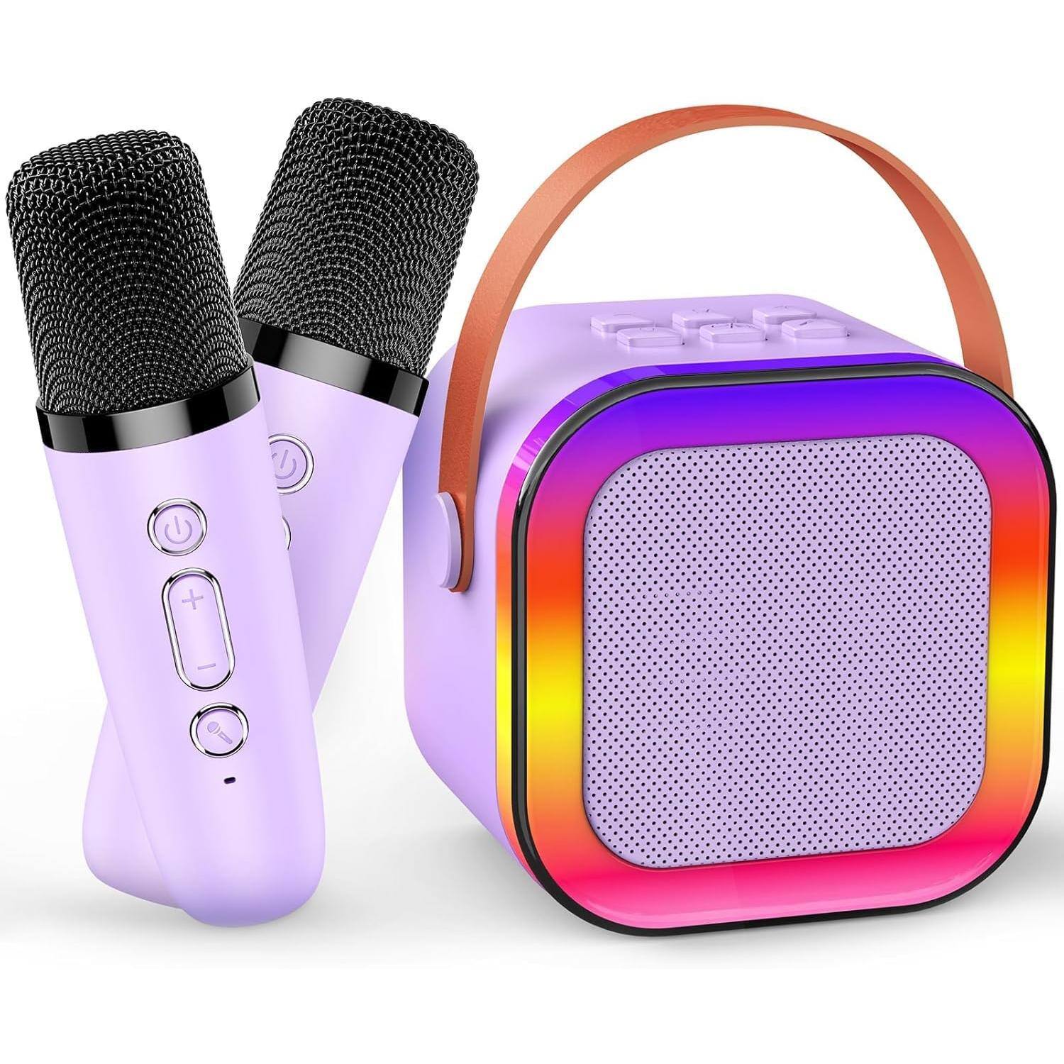Left. Cozy Serene - Led Light Mini Karaoke Machine For Adults Birthday Easter Gifts Toys Friends 3-12+ Portable With 2 Wireless Mics And Led - Black.