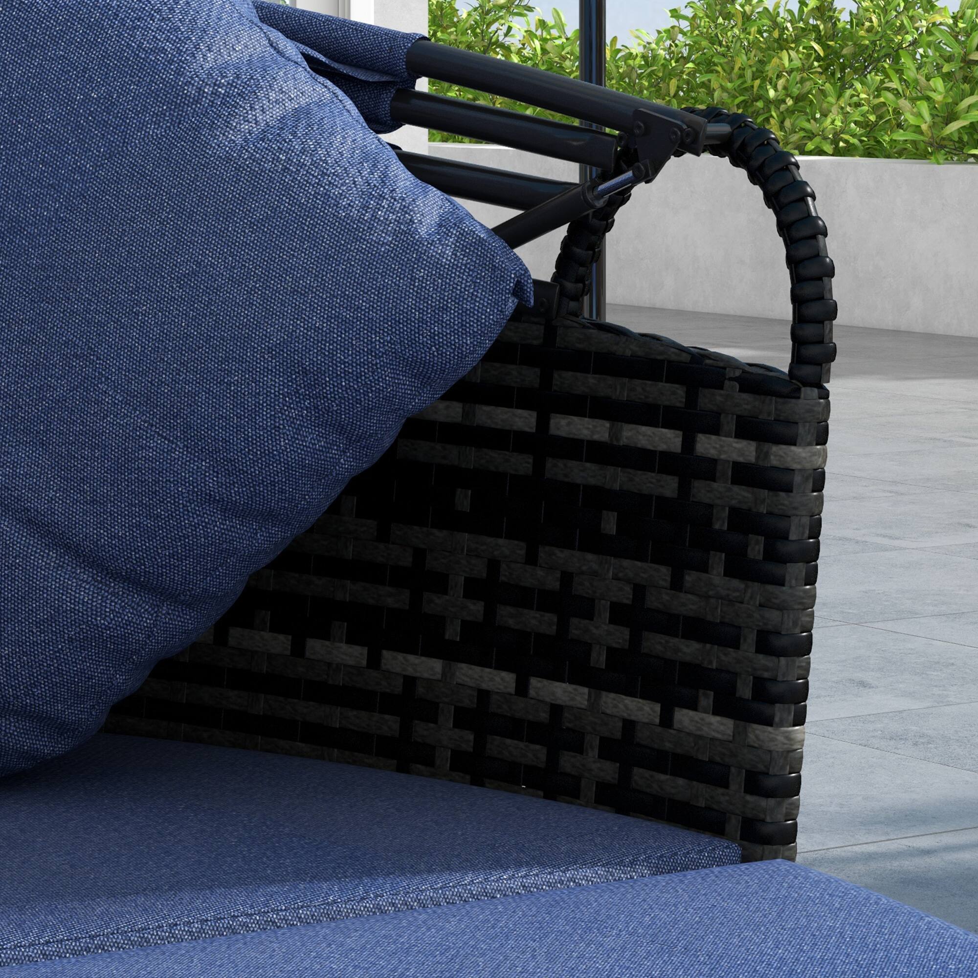 Alt View 7. Outsunny - 4-Piece Round Convertible Daybed with Cushions, Outdoor PE Rattan Patio Wicker Sofa Set - Dark Blue.