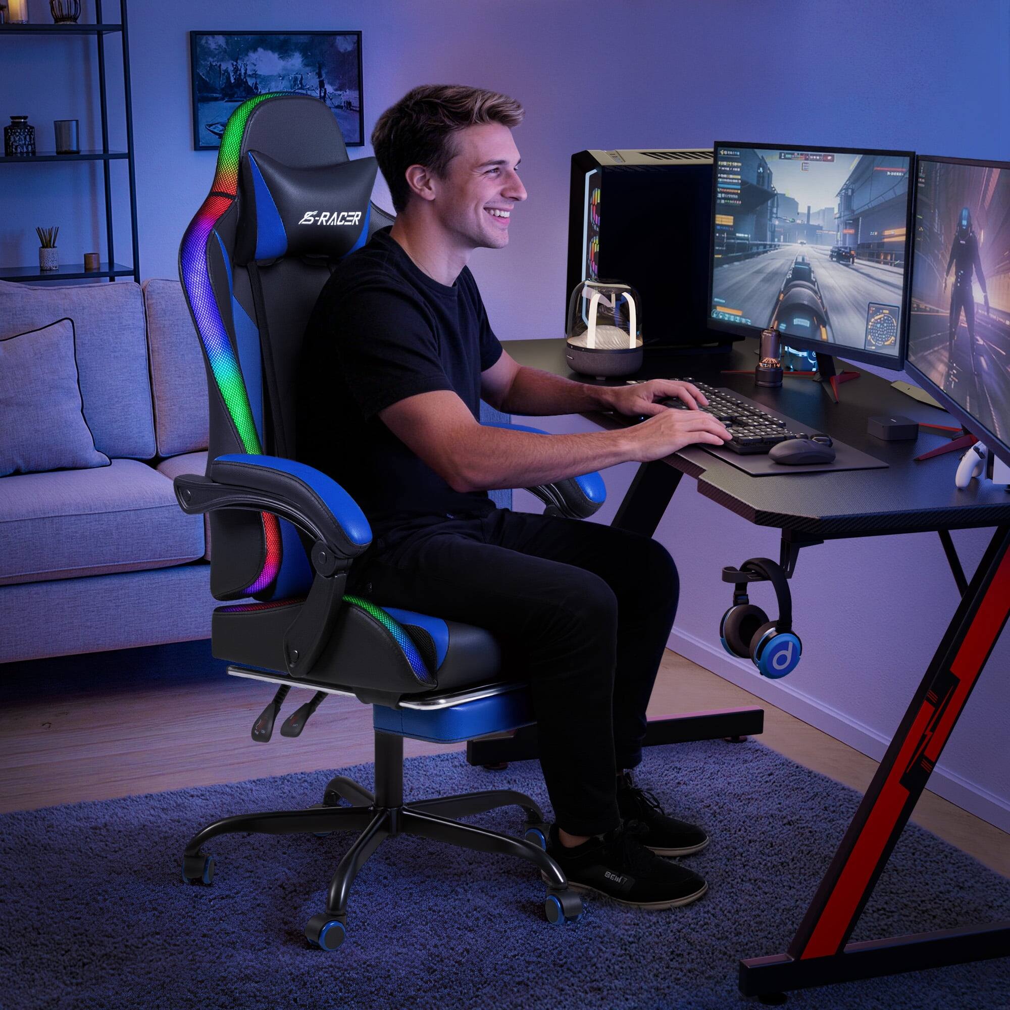 Alt View 3. Homall - RGB Gaming Chair Massage Reclining Racing Chair with APP & Remote Control, Audio Sync LED, Footrest & Headrest - BLUE.