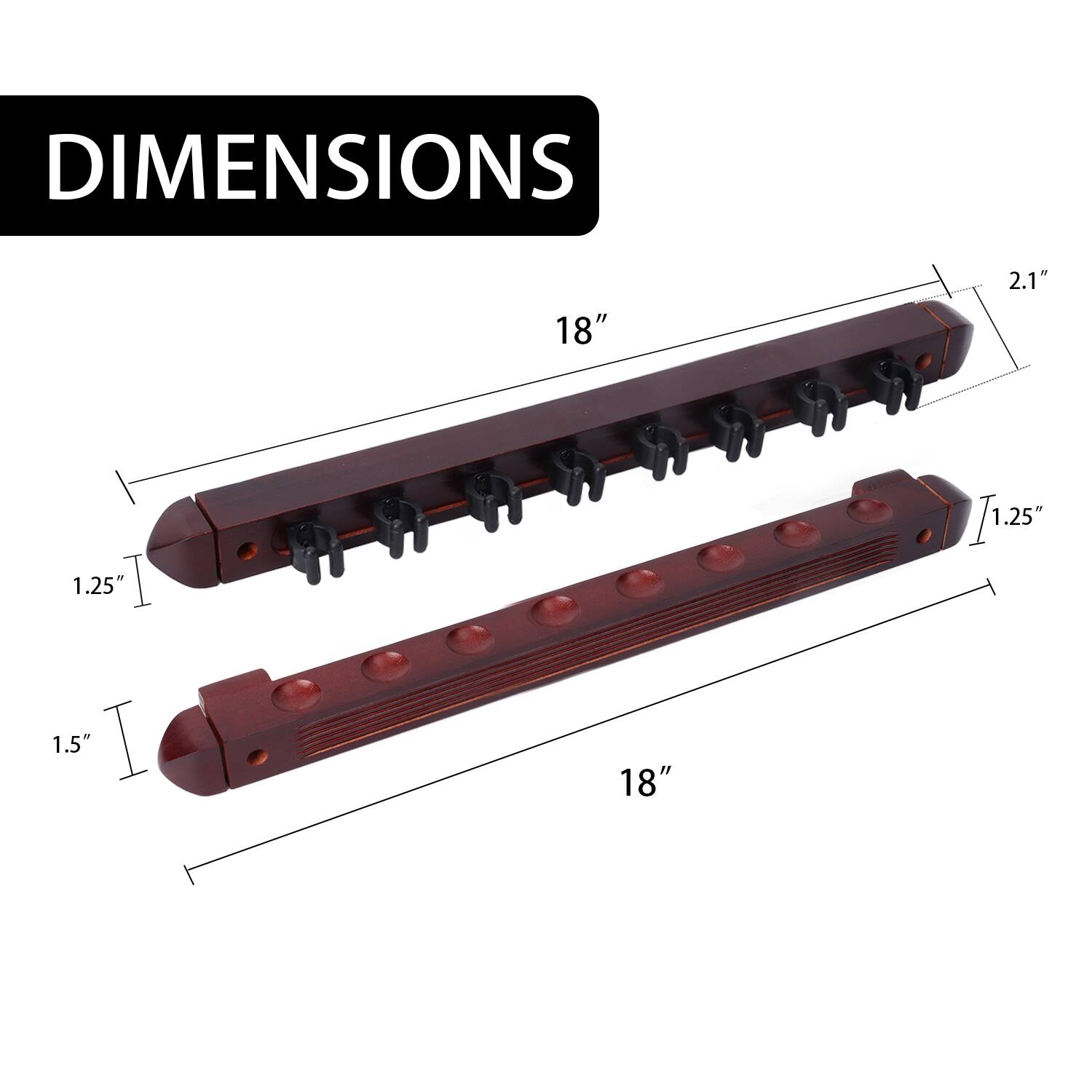 DIMENSIONS, 18", 2.1", 1.25", 1.5", 18"