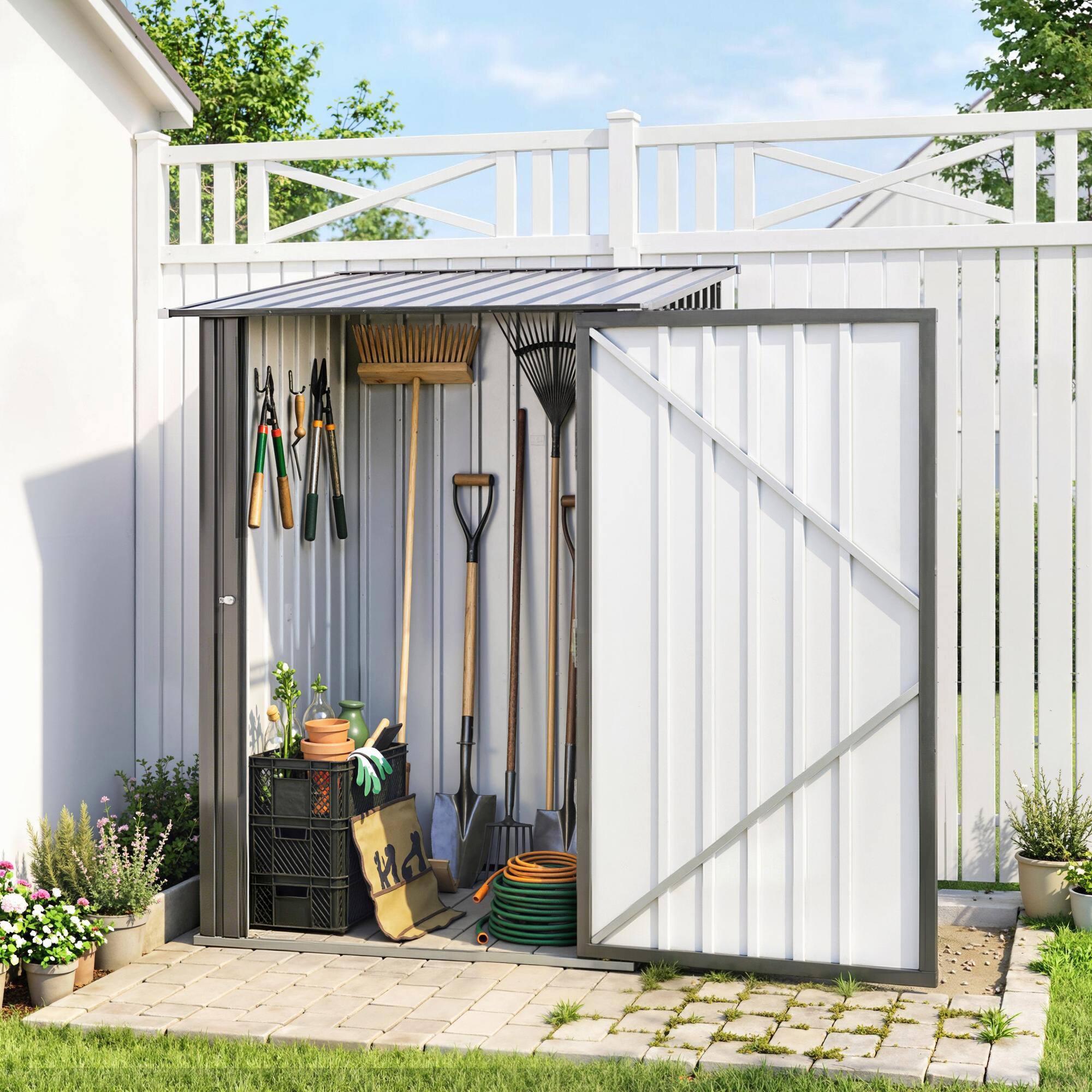 Alt View 1. Outsunny - 3.3' x 3.4' Lean-to Garden Storage Shed, Galvanized Steel Tool House with Lockable Door for Patio - Dark Gray.