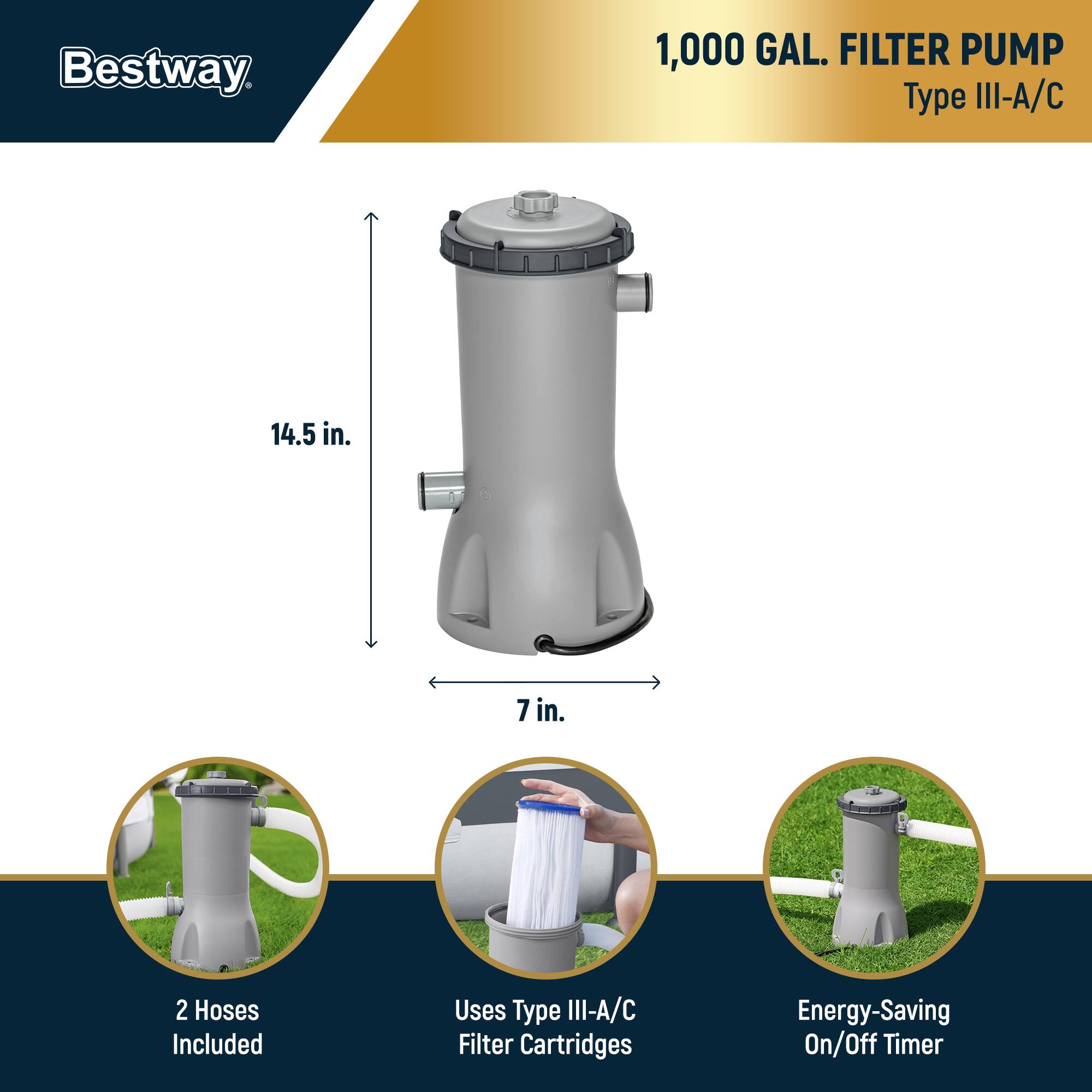 Bestway  
1,000 GAL. FILTER PUMP  
Type III-A/C  

14.5 in.  
7 in.  

2 Hoses Included  
Uses Type III-A/C Filter Cartridges  
Energy-Saving On/Off Timer