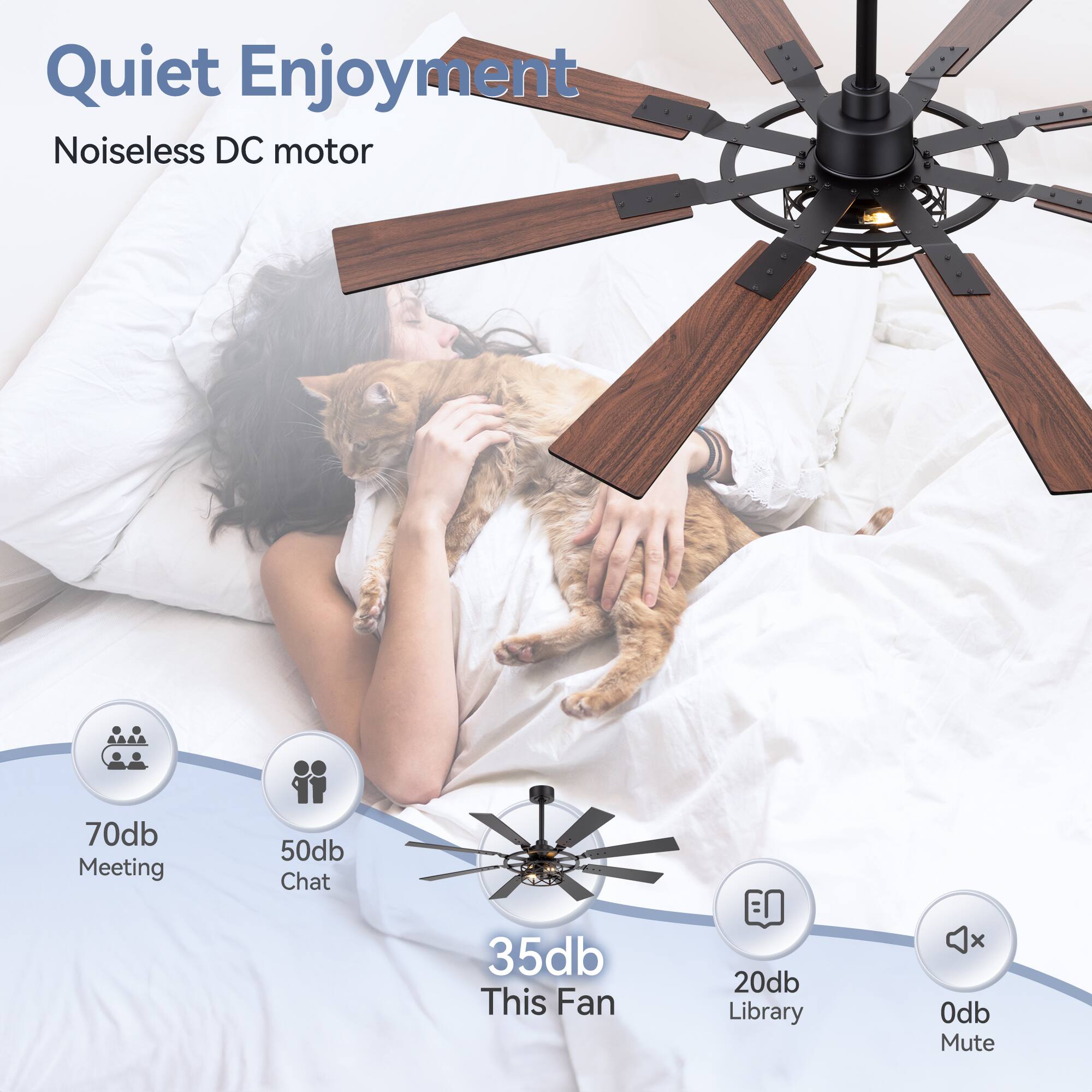 Quiet Enjoyment, Noiseless DC motor, 70db Meeting, 50db Chat, 35db This Fan, 20db Library, 0db Mute