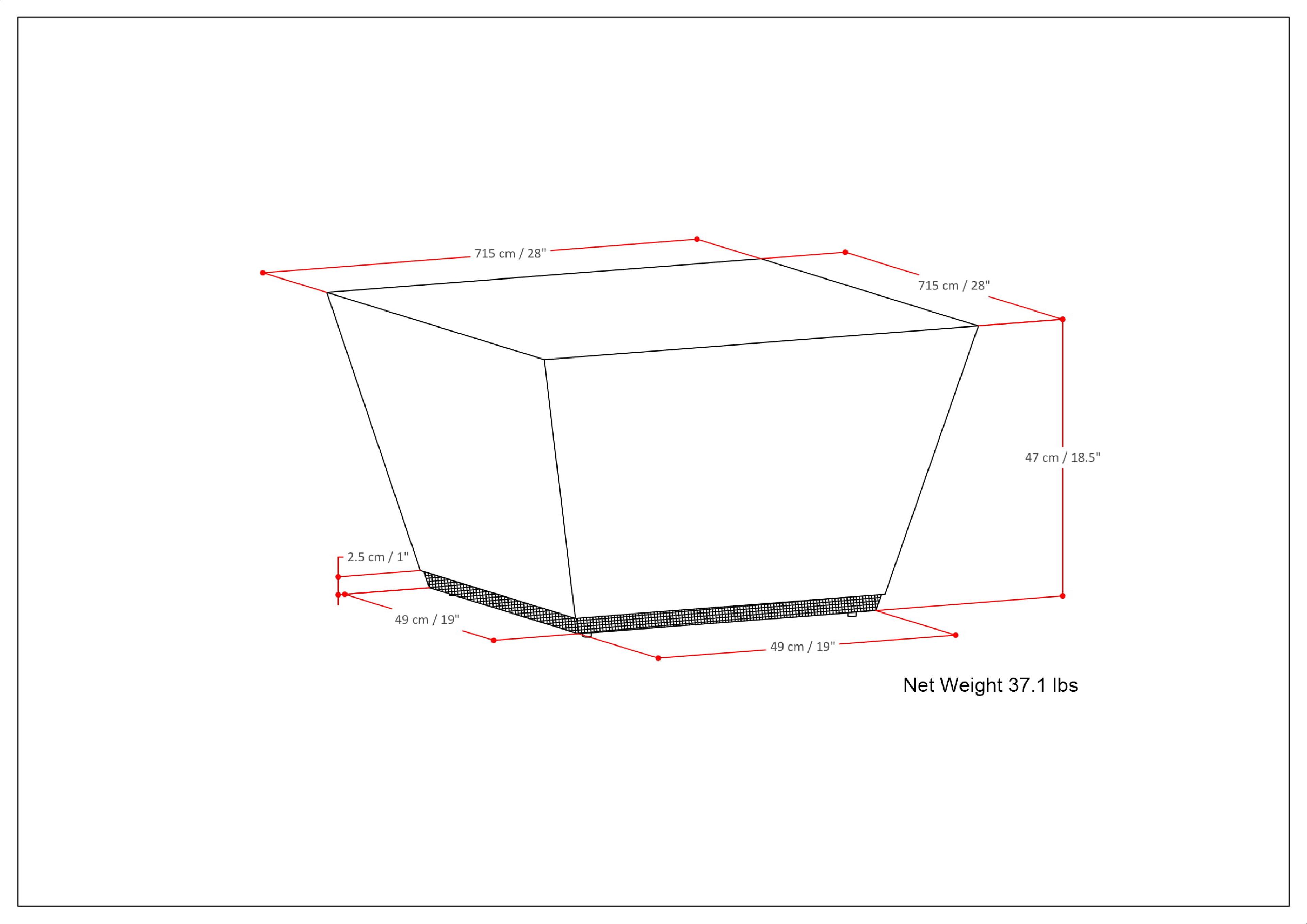 The text on the image is grouped and corrected as follows:

715 cm / 28 28" 715 cm / 28" cm / 28" 47 cm 18.5" 2.5 cm/ 1" 49 cm/ 19" cm / 19" 49 cm cm/ 19" / 19" Net Weight 37.1 lbs