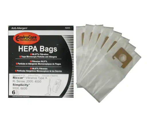 Anti-Allergen!
EnviroCore TECHNOLOGIES
HEPA Bags
99.97% Filtration
Traps Microscopic Particles and Allergens
Filtracion 99,97% Particulas y Alergenos Microscopicos de Pieges
Particulas et Allergenes Microscopiques de Pieges
Particulas Alergenicos Microscopicos de los Desvios
Designed to Fit:
Concus Pour:
Diseñado a Medida:
Riccar* Vibrance Type A
R- Series, 2000, 4000
Simplicity*
5000, 6000
6 Bags
6 Sacs
6 Bolsas
*Trademark of Vacuum Manufacturer