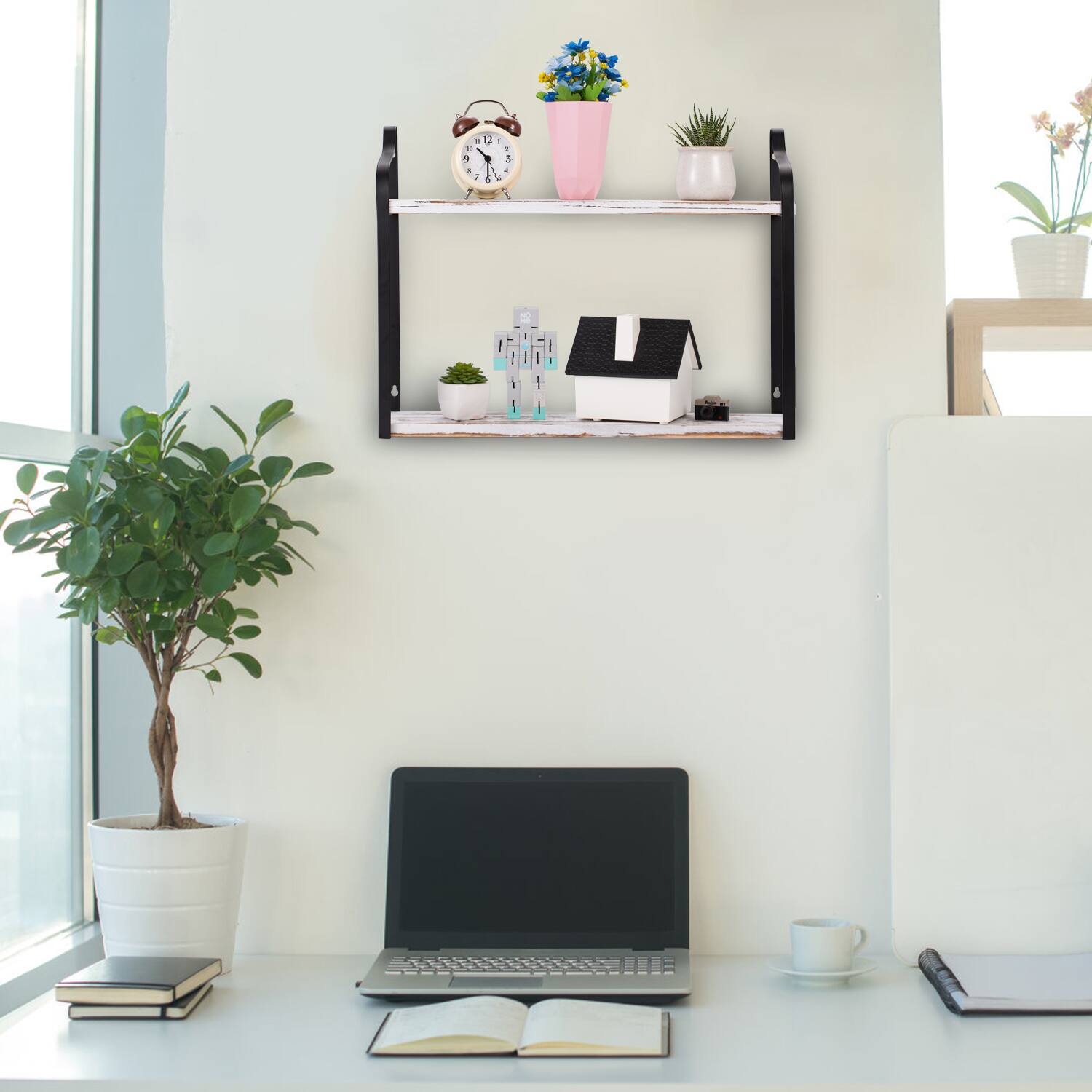 Oumilen 2 Tier Wall Mounted Floating Shelves – Wood with Black Metal ...