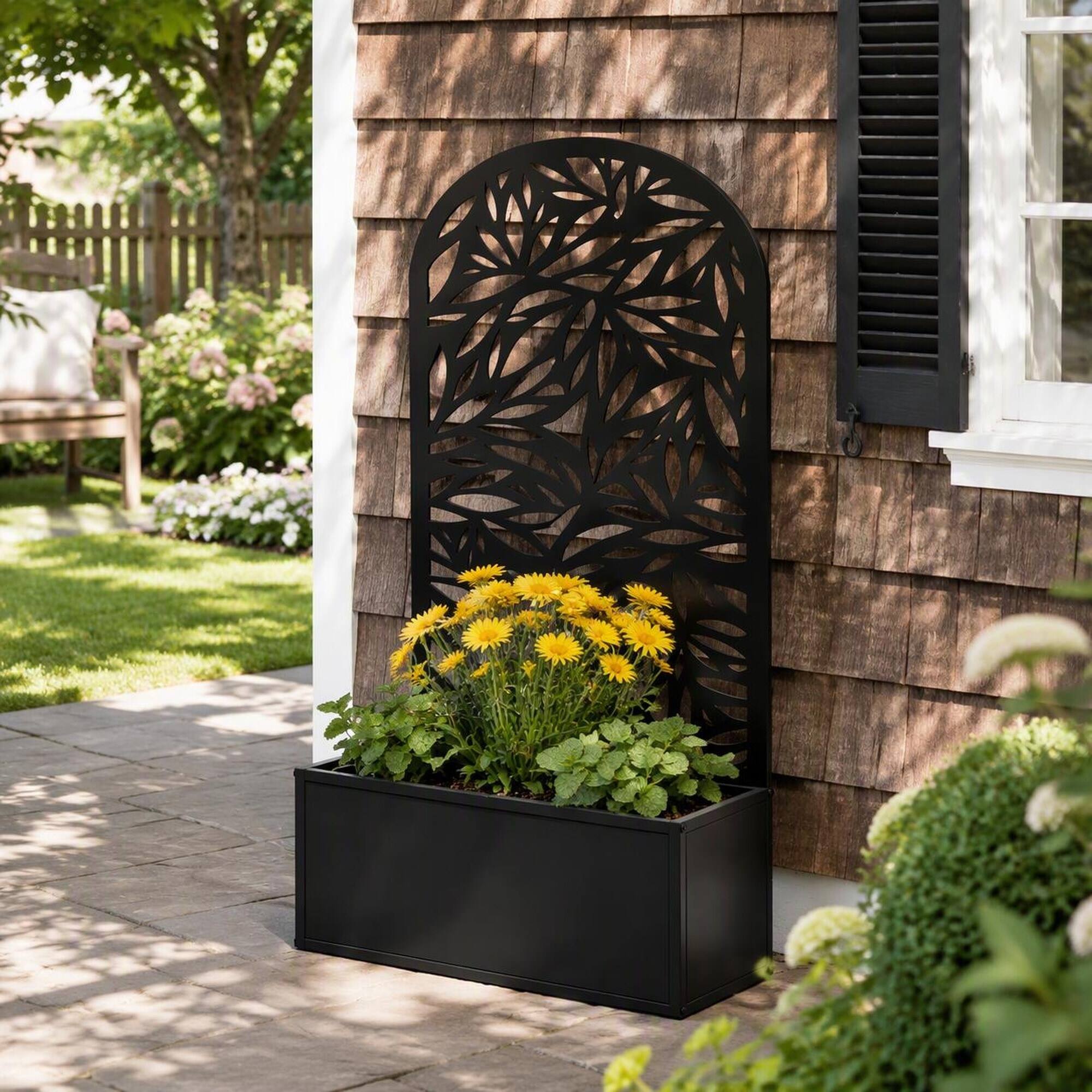 Alt View 2. RYHNUYNE - Metal Raised Garden Bed with Curved Leaf Trellis Privacy Panel, 24x9.1x44.5 Inch Black Planter Box for Wall Mount - Black.