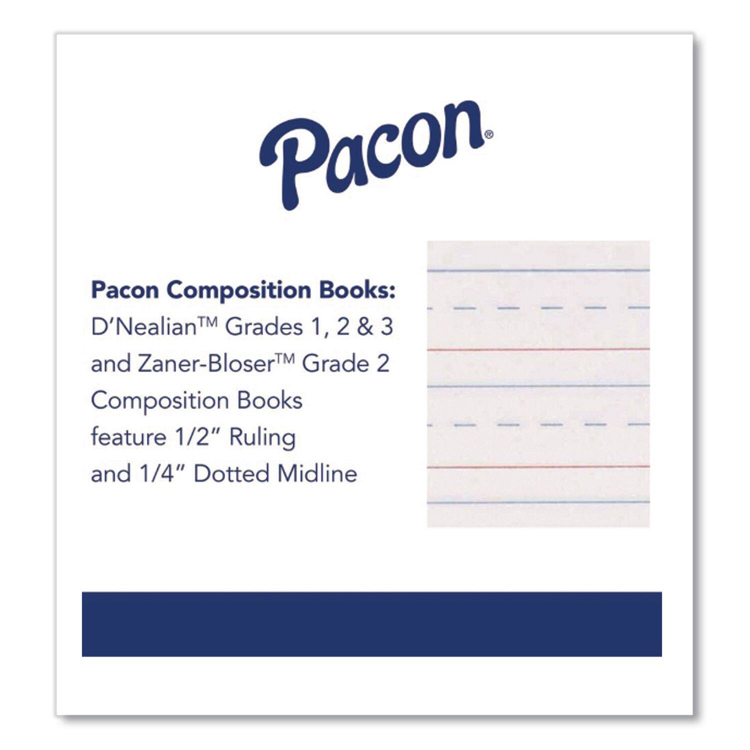 Pacon Composition Books:  
D'Nealian™ Grades 1, 2 & 3 and Zaner-Bloser™ Grade 2 Composition Books feature 1/2" Ruling and 1/4" Dotted Midline