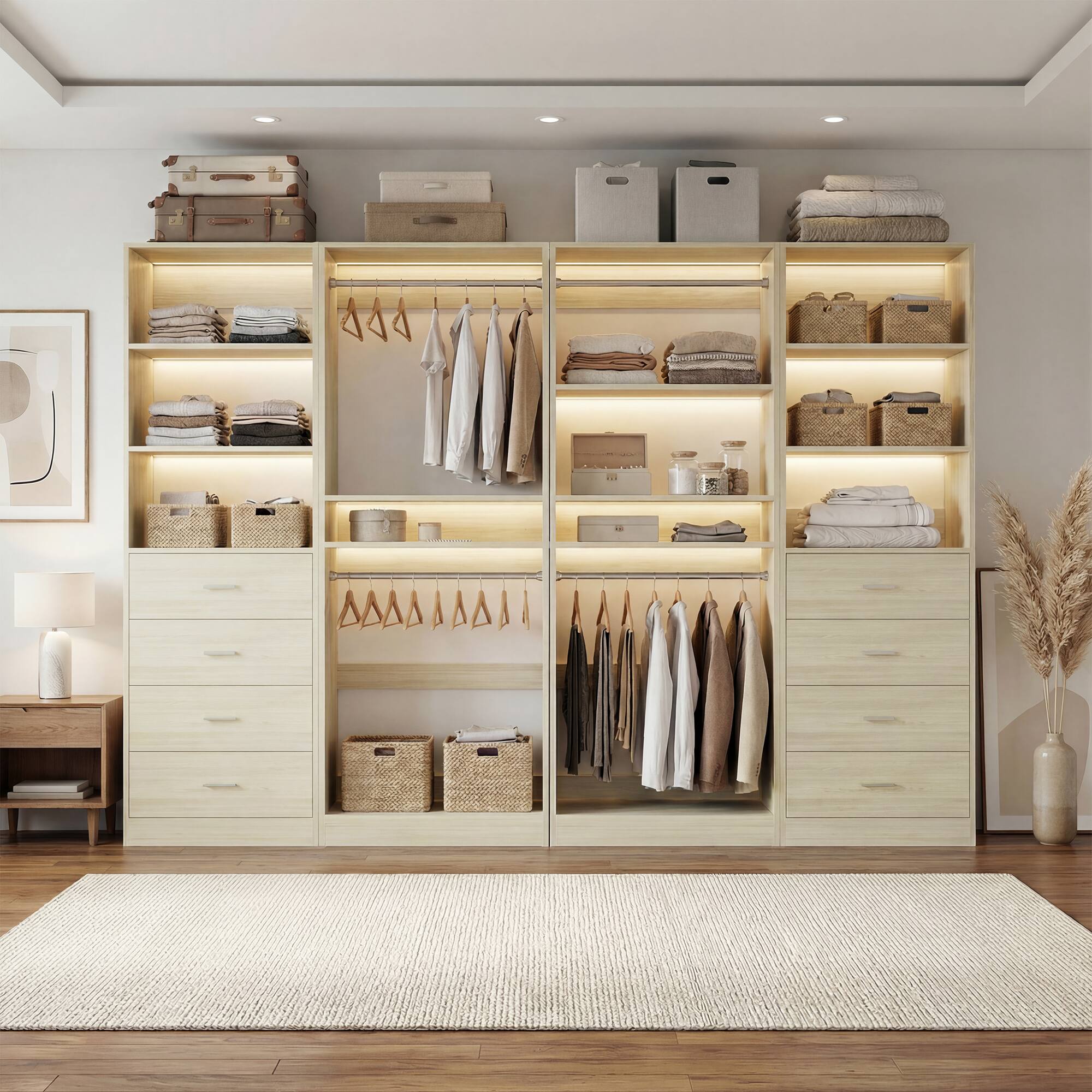 Back. Aheaplus - 92.6" Walk-in Closet Organizer System with 8 Drawers and 4 Hanging Rods, 4 Piece Set - Beige Oak.