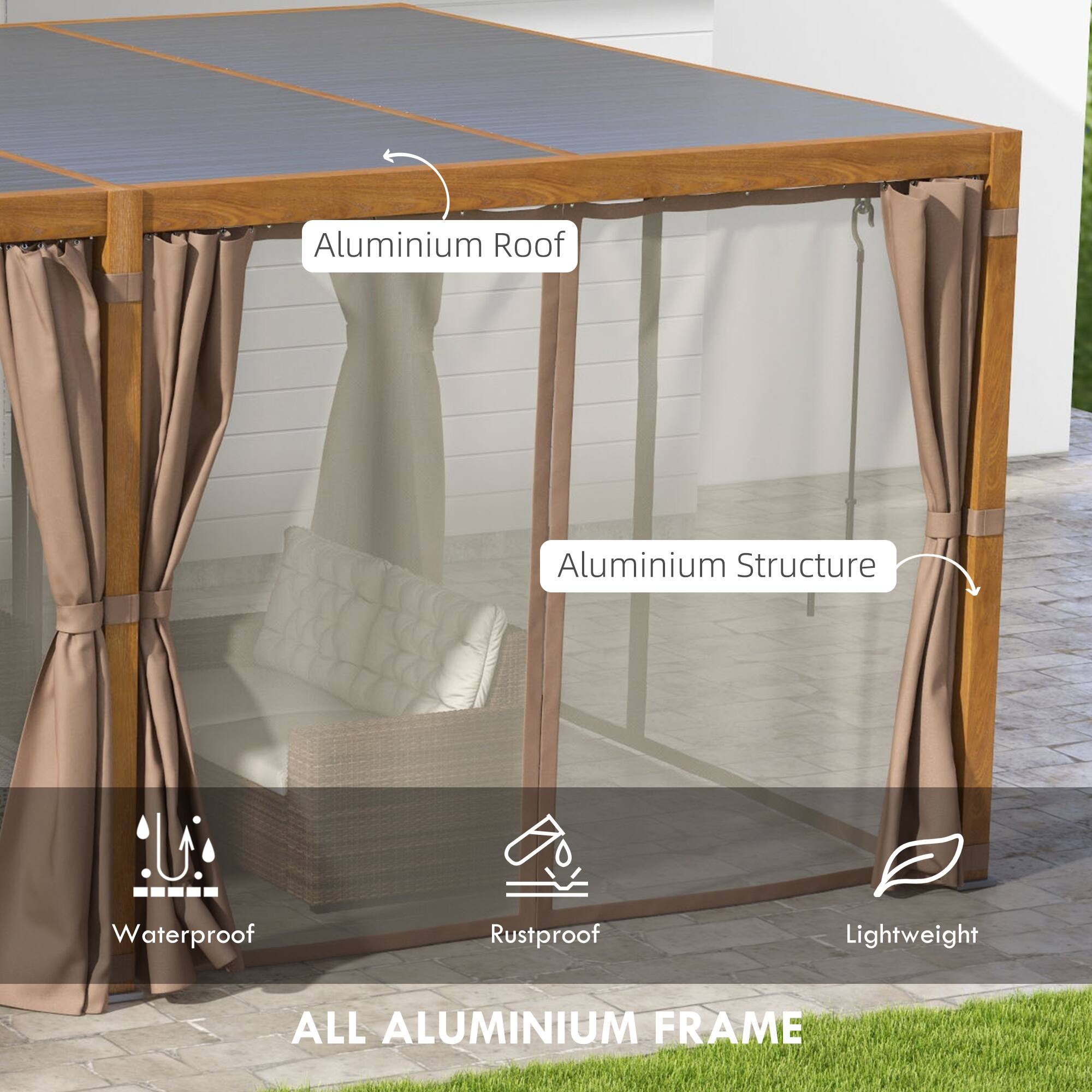 Aluminium Roof  
Aluminium Structure  

Waterproof  
Rustproof  
Lightweight  

ALL ALUMINIUM FRAME