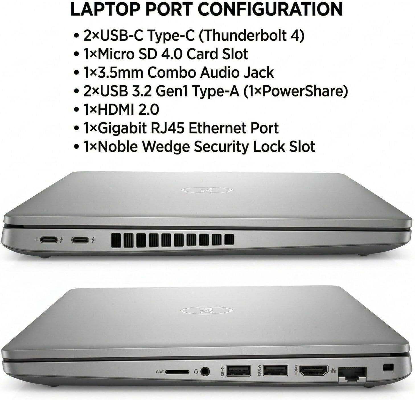 LAPTOP PORT CONFIGURATION

- 2xUSB-C Type-C (Thunderbolt 4)
- 1xMicro SD 4.0 Card Slot
- 1x3.5mm Combo Audio Jack
- 2xUSB 3.2 Gen1 Type-A (1xPowerShare)
- 1xHDMI 2.0
- 1xGigabit RJ45 Ethernet Port
- 1xNoble Wedge Security Lock Slot